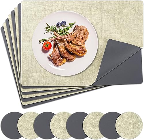 Juego de 8 manteles individuales con posavasos de doble cara, resistentes al calor, resistentes a las manchas, manteles individuales de piel