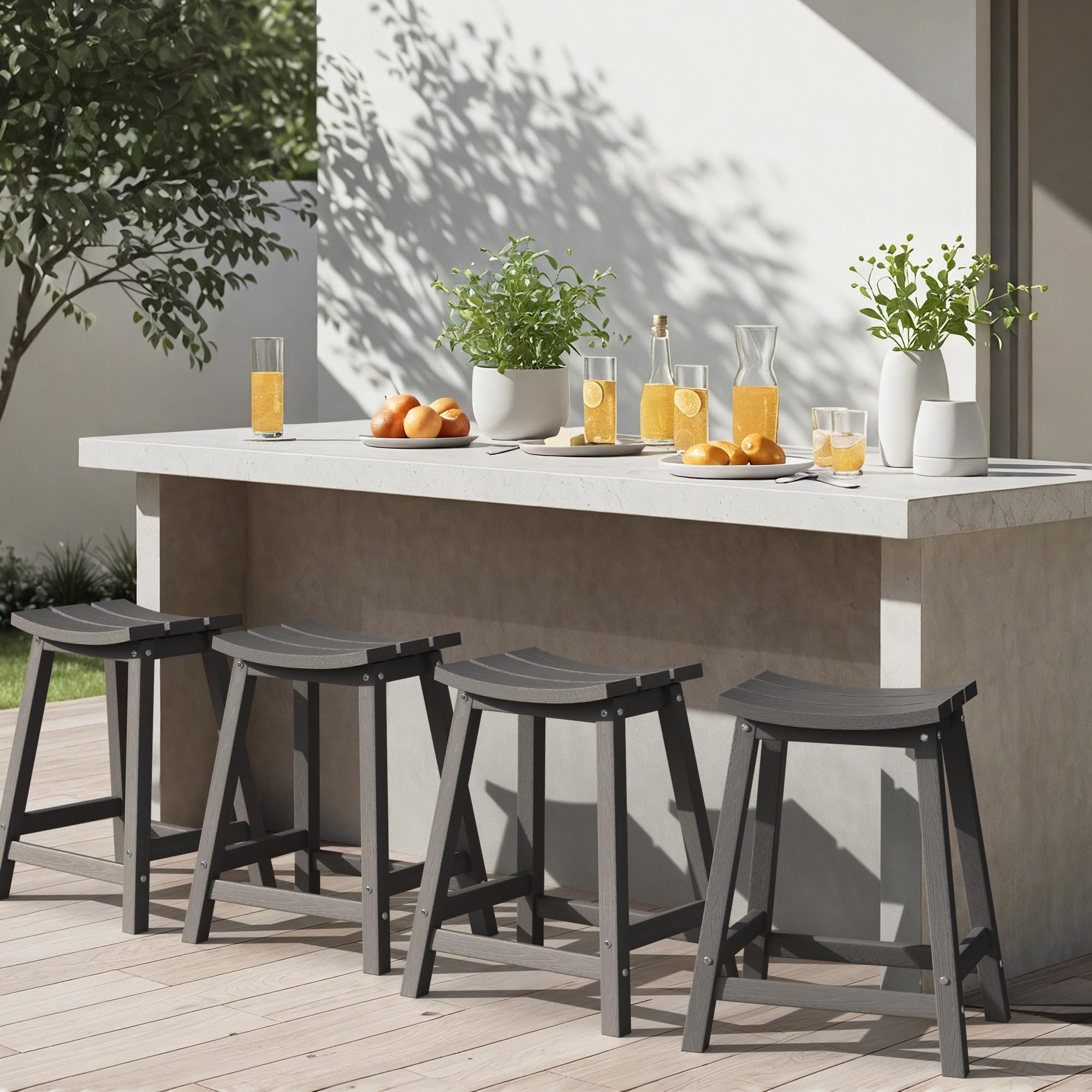 Ciokea 24" Outdoor Counter Height Bar Stools Set of 4, HDPE, Grey