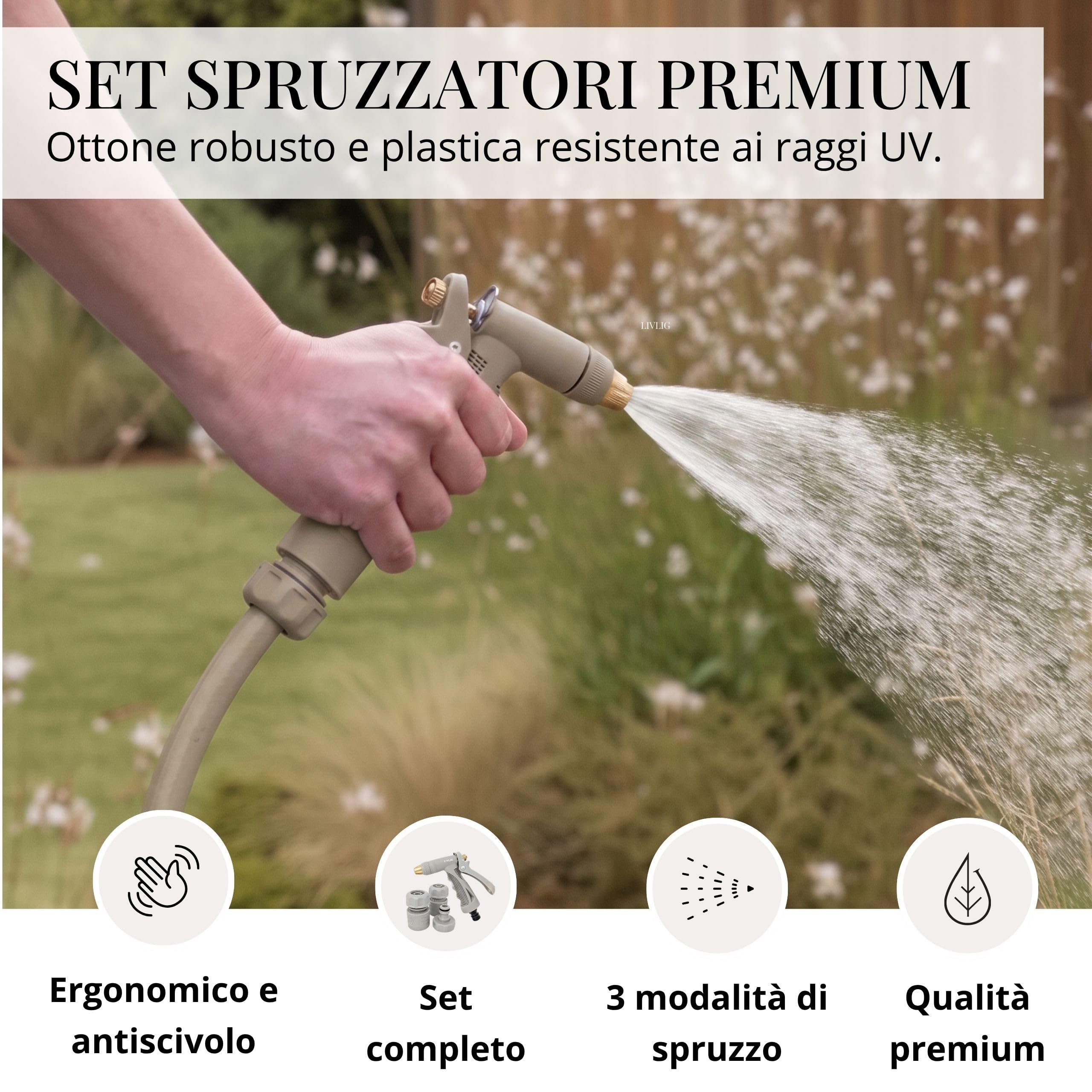 LIVLIG Set Completo Pistola per Tubo da Giardino, Robusta Pistola per Pulizia e Irrigazione con Attacco 1/2 Pollice, Monocomando e Arresto Continuo, Sandy Stone