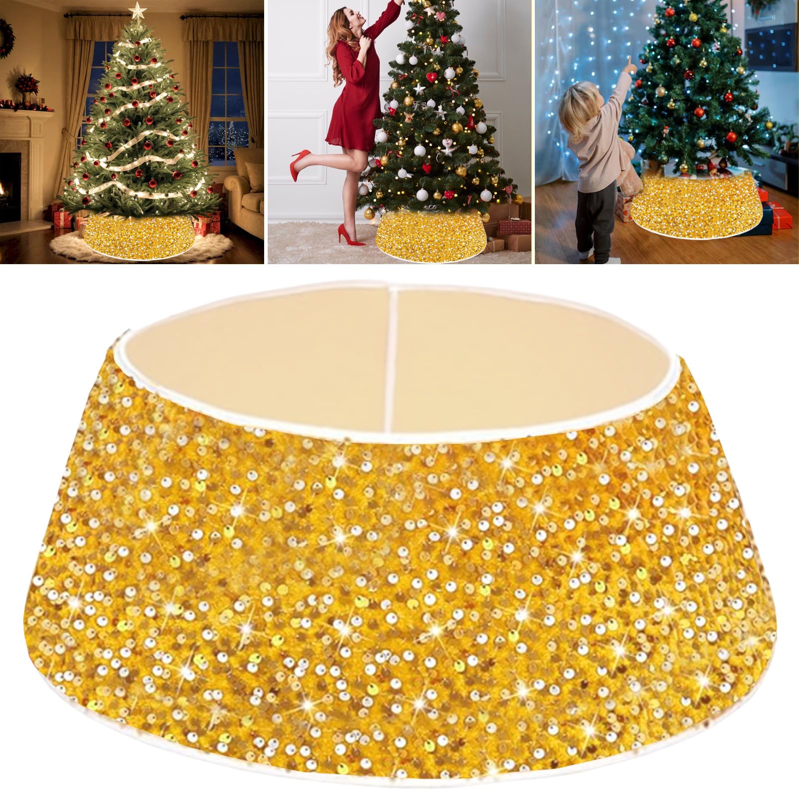Collare per Albero di Natale 60cm, Oro Glitterato Copertura per Base dell'albero di Natale, Rotondo Gonna per Albero di Natales Pieghevole per la Decorazione Natalizia