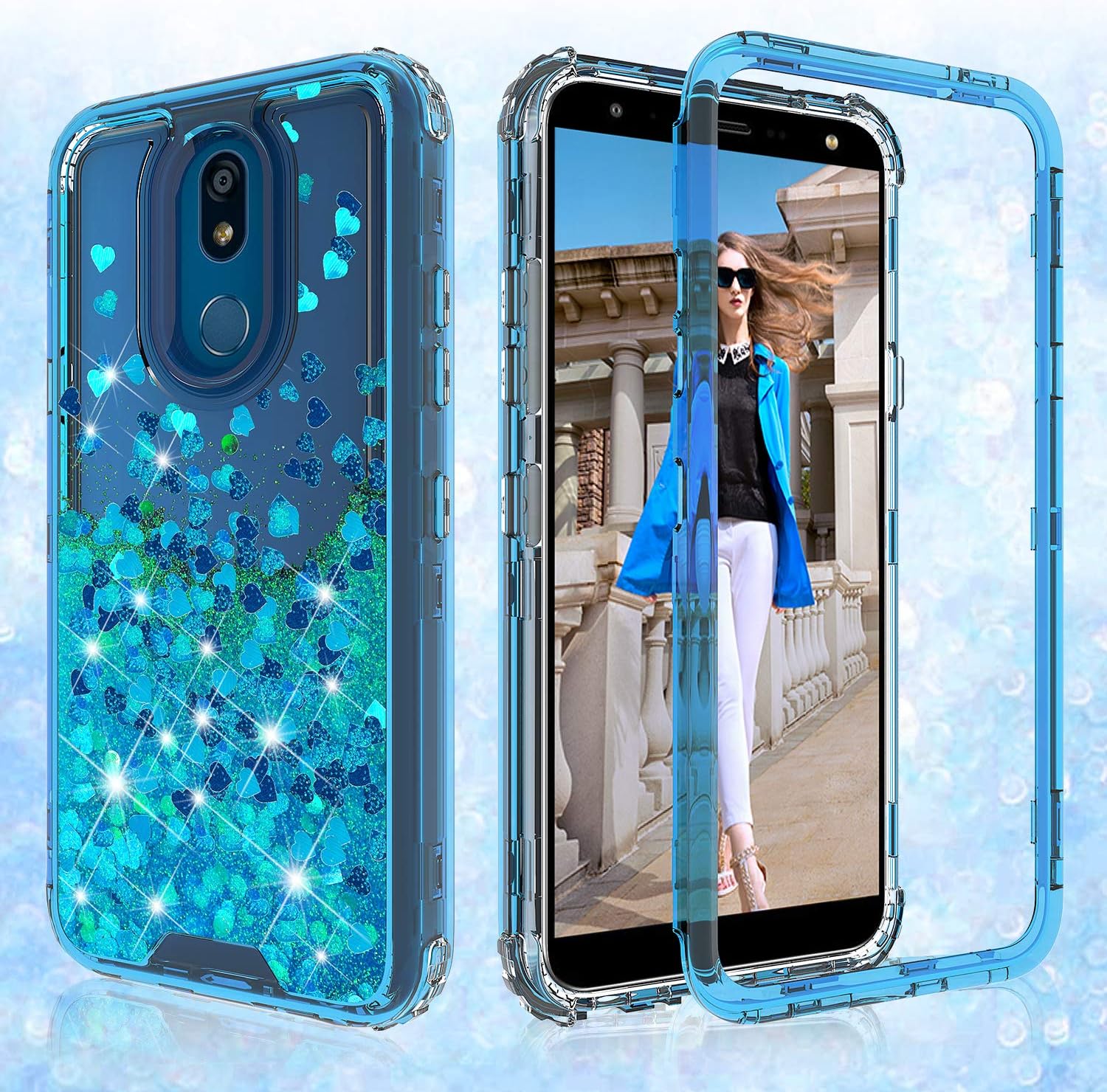 Galaxy Wireless Case Compatible for LG Stylo 5 / Stylo 5 Plus Case, Hard Clear Glitter Sparkle Flowing Liquid Heavy Duty Shockproof Three Layer Protective Bling Cases - (Teal)