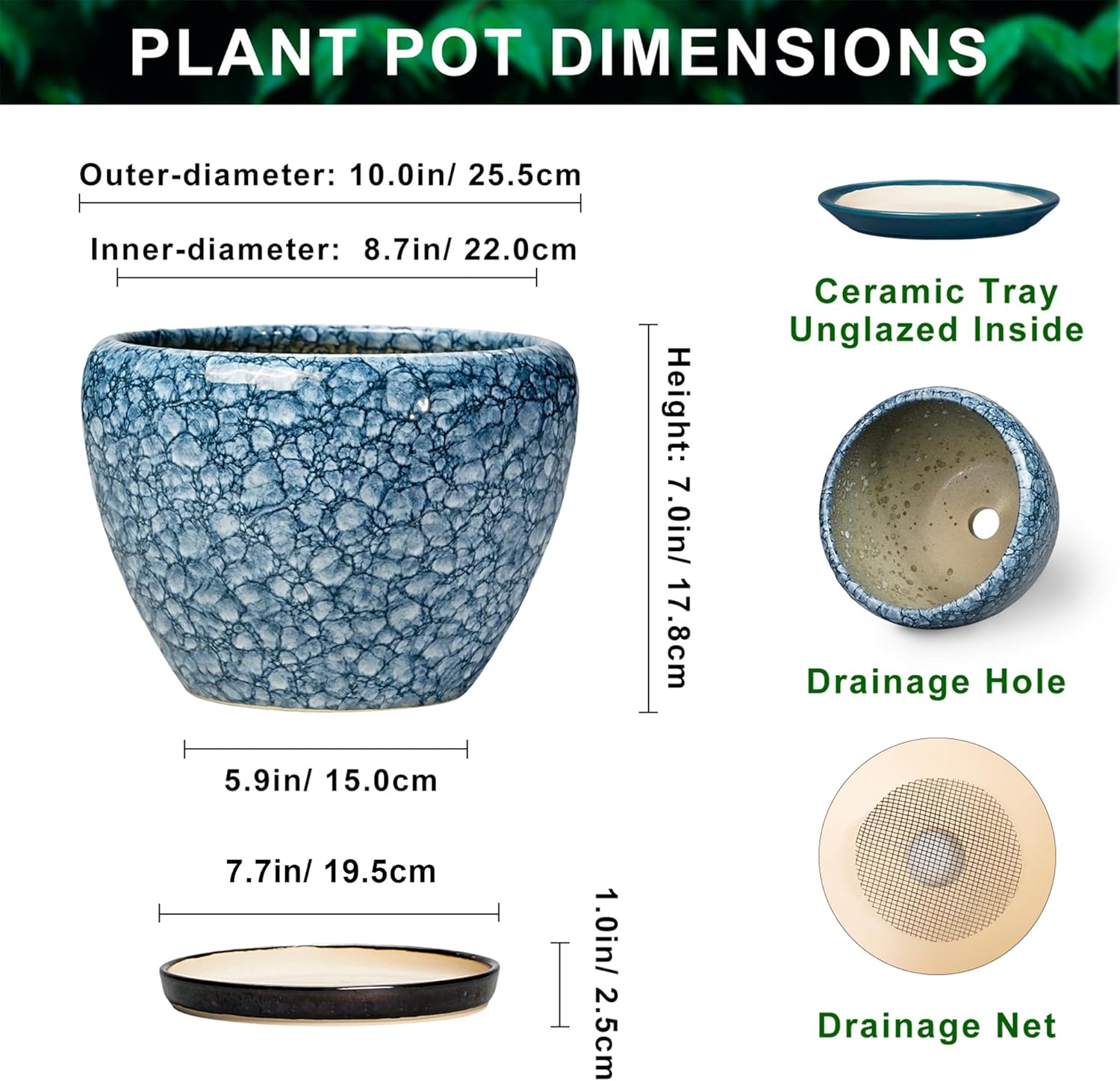 10 inch plant pot - ceramic pots for plants with drainage hole and saucer, ceramic planters for indoor outdoor plants, round flower pots, entryway decor, gifts for plant lovers, stone blue 10 inch stone blue