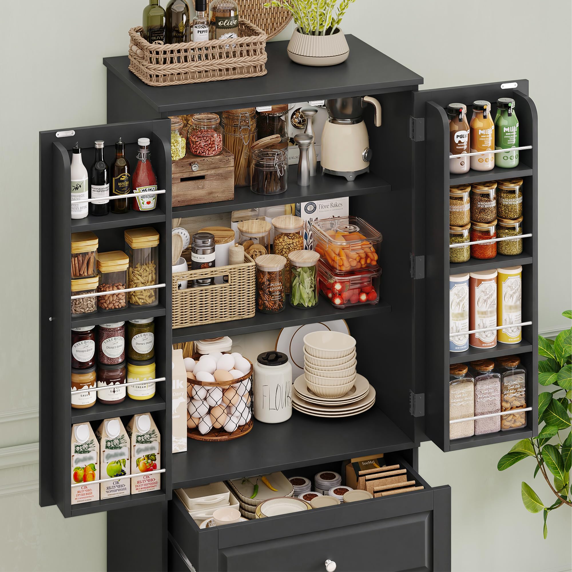 FOREHILL 150cm Credenza Cucina con 3 Cassetti, Dispensa Cucina con 8 Ripiani della Porta, Mobile Dispensa a 2 Ripiani Regolabili, per Sala da Pranzo, Soggiorno, 60x40x150 cm (Nero)