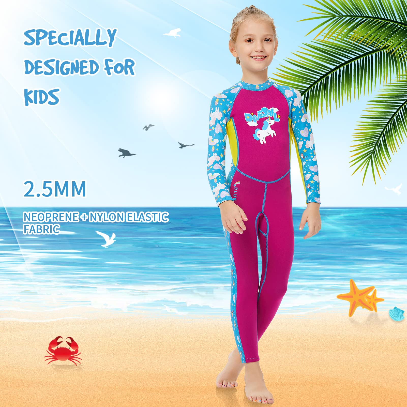 Lansru 3 mm neopreenpak voor kinderen van 6-15 jaar, CR-neopreen, uv-bescherming, rugsluiting voor zwemlessen, ideale thermische badpakken in koud water