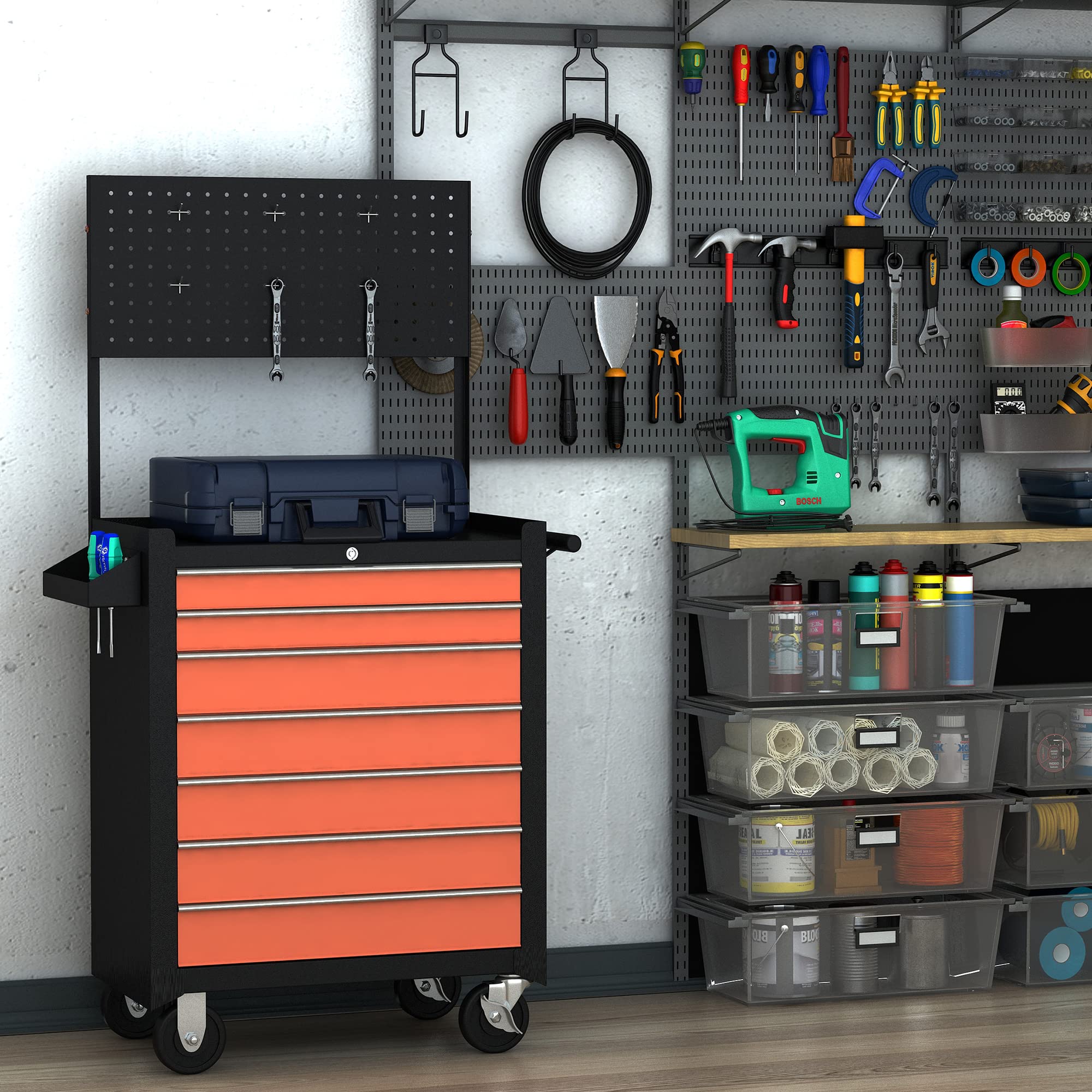 HOMCOM Carrello Porta Utensili Attrezzi 61.5 x 33 x 76cm Nero e Arancione | Attrezzatura, con Cassettiera