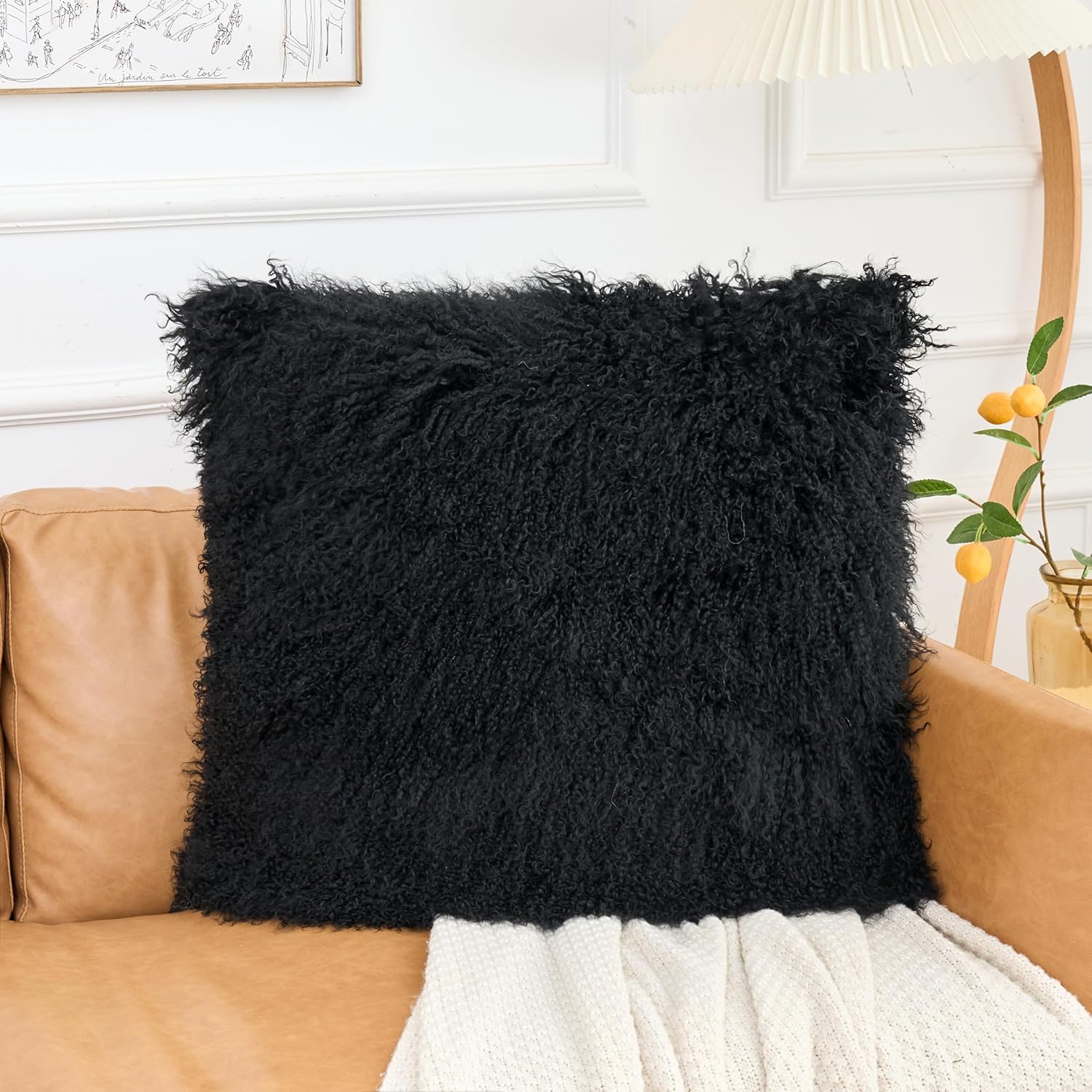 Genuine Mongolian Lamb Fur Pillow Cover – Soft Curly Sheepskin Cushion Case – Decorative Throw Pillow for Sofa, Couch, or Bed Sizes (Black, 22" x 22")