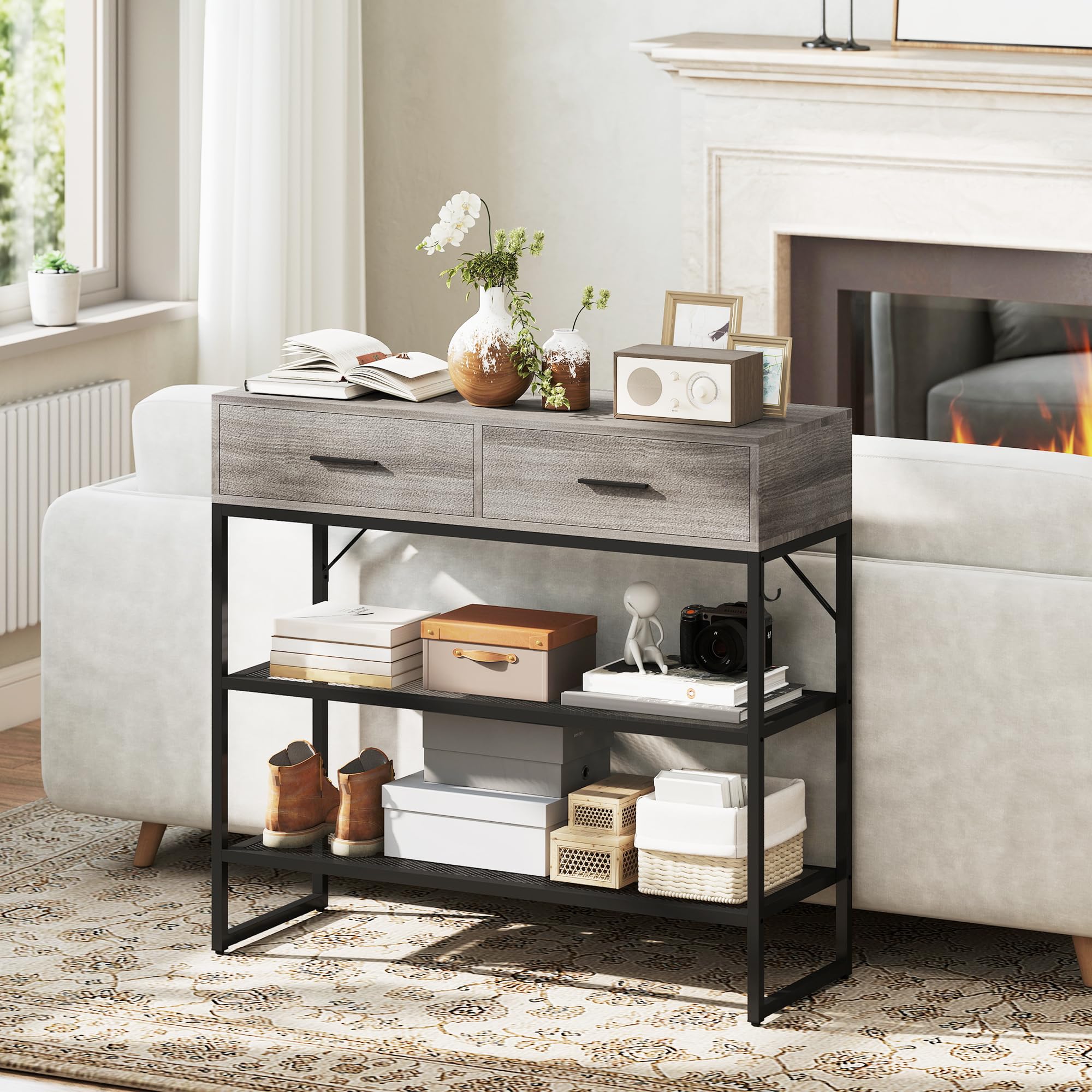 HOMCOM Consolle Ingresso con 2 Cassetti, 2 Ripiani in Rete e Gancio Laterale, Tavolo Consolle in Legno e Metallo, Tavolino Ingresso per Camera da Letto, 100x35x92 cm, Color Legno Grigio Chiaro