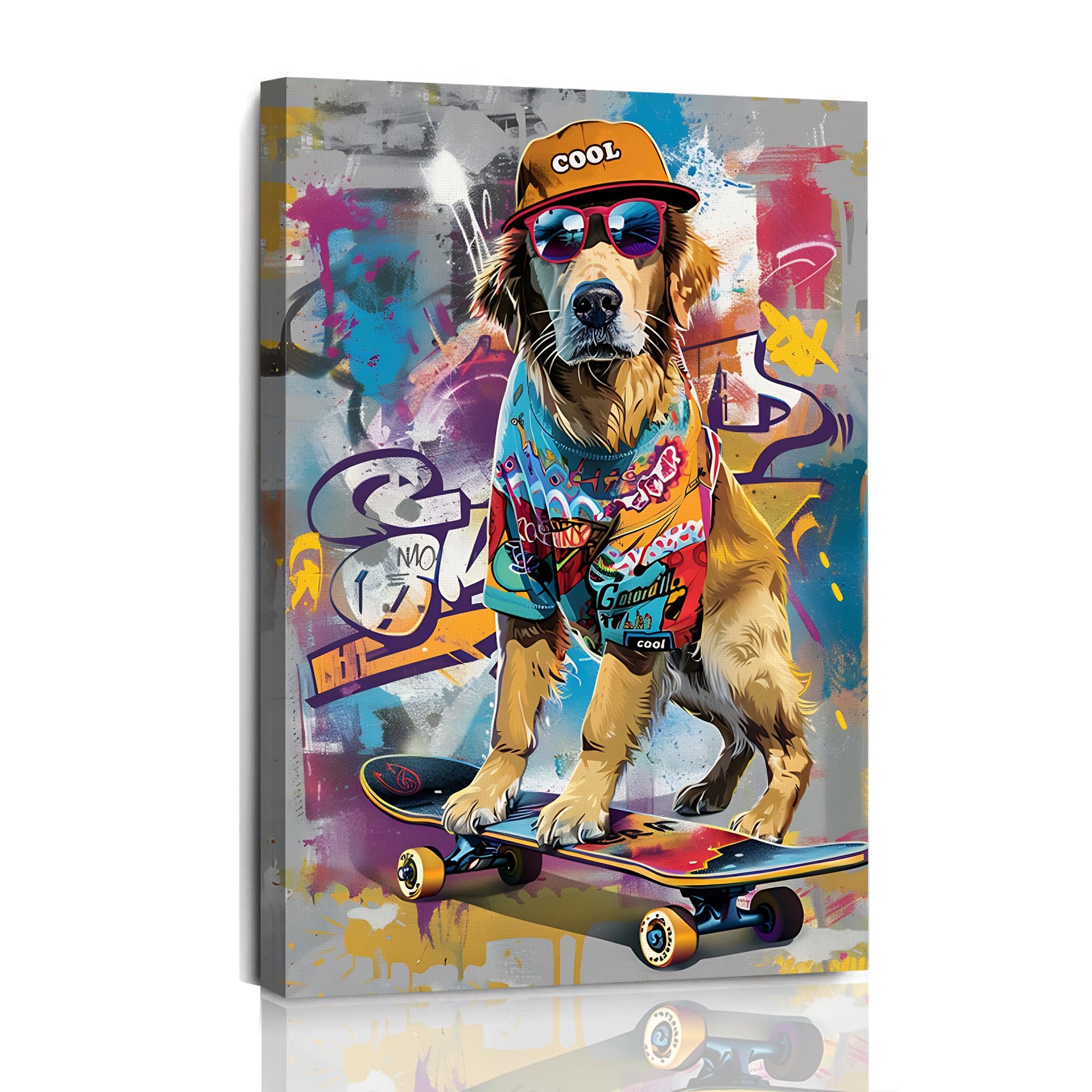 Fantasy Artists Colorful Wrapped Canvas Dog Wall Art Urban Fashion Animal Painting Puppy Prints Ready to Hang for Teen Bedroom, Dorm Room, or Modern Home Decor 12" x 16"