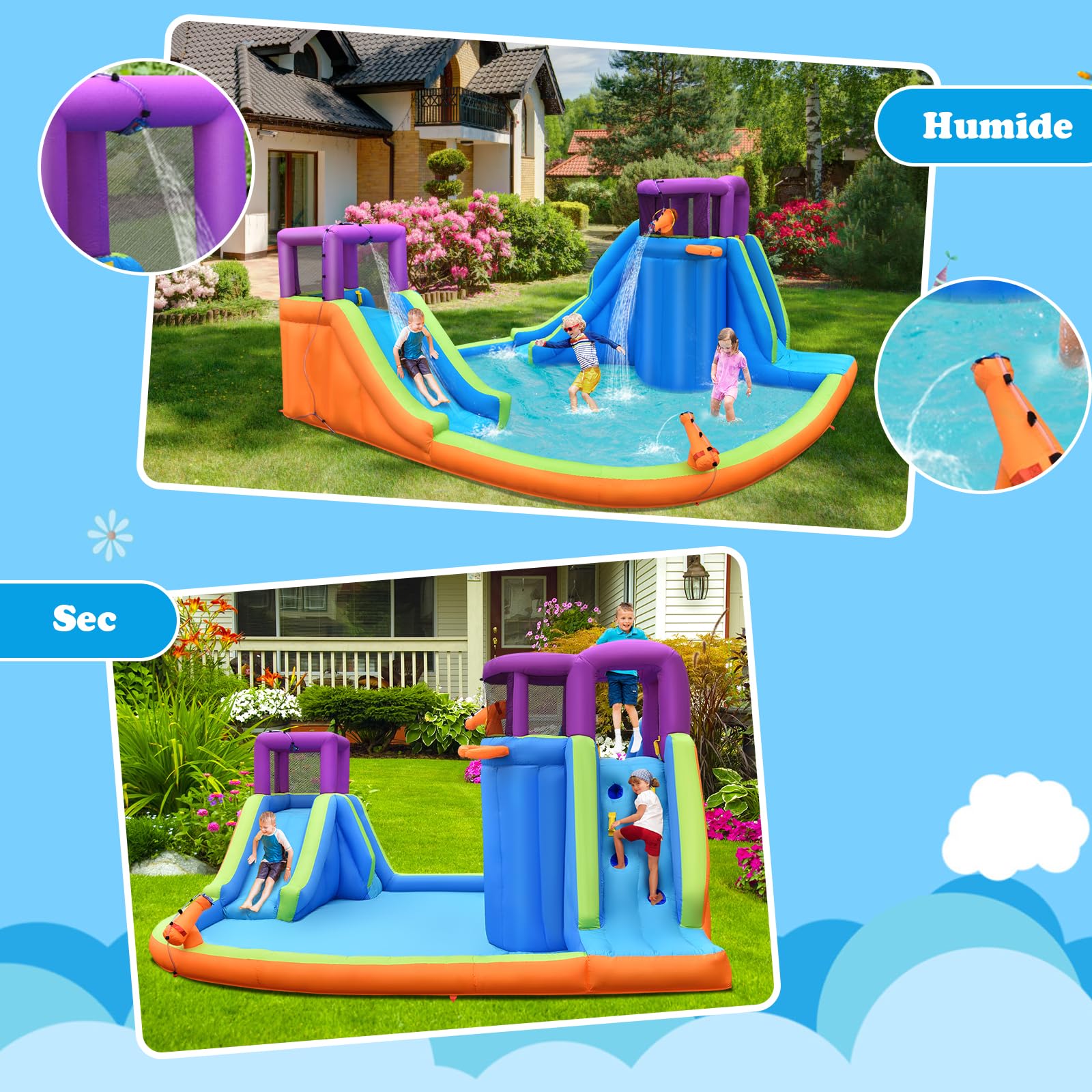 GOPLUS Château Gonflable Exterieur Enfant avec Double Toboggan, Pistolet à Eau, Mur d'escalade, Panier de Basket, Balle, avec Piscine d'Éclaboussures pour Enfants (Violet+ Gonfleur 950W)