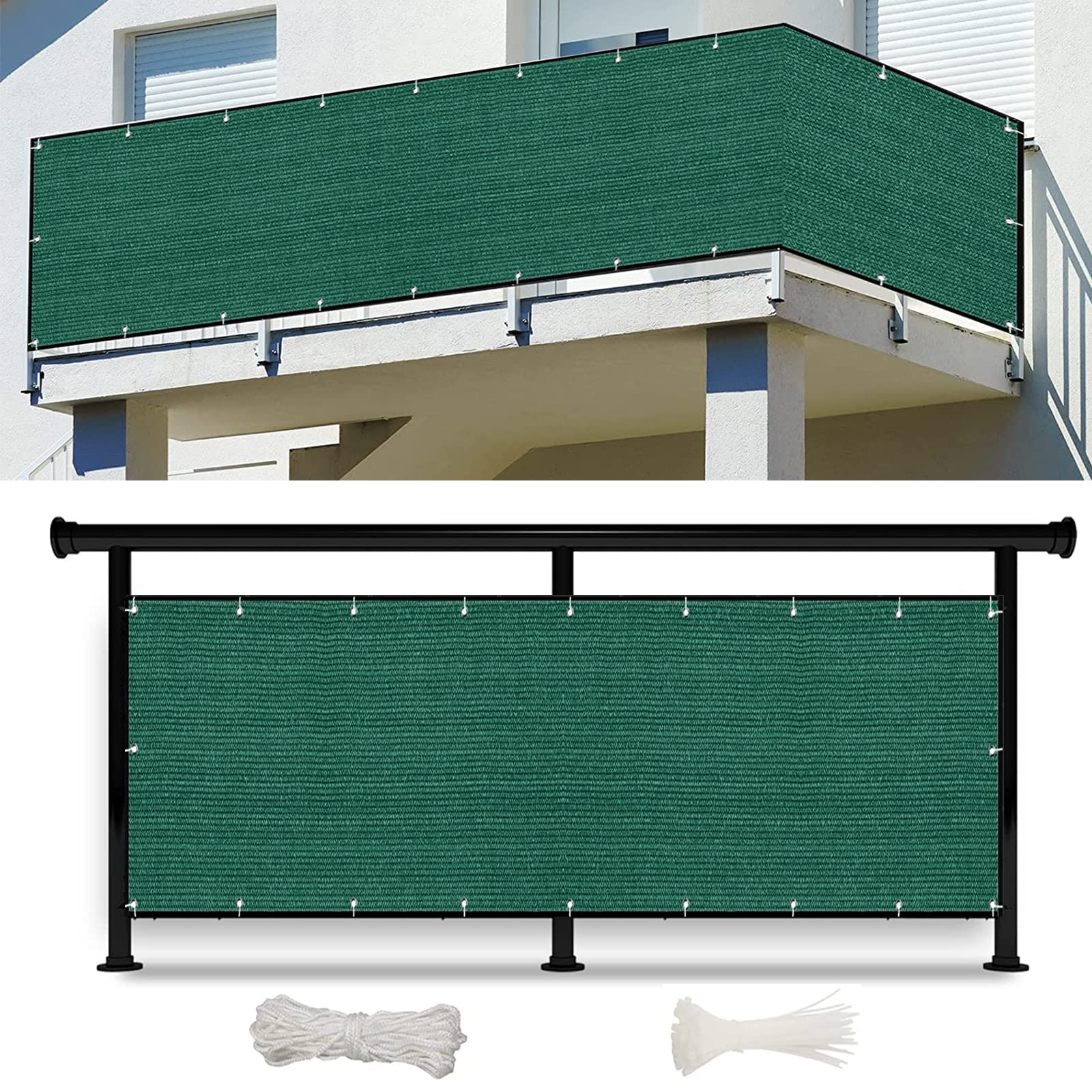 Ochrona prywatności ekranu balkonowego 70 x 600 cm Na warunki atmosferyczne UV, Heavy Duty Szyba ogrodzeniowa z liną i oczkami na patio, ogrodzenie, Ciemnozielony