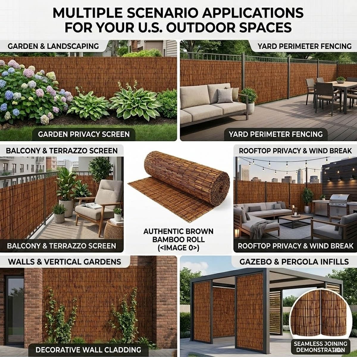 Générique Canisse en Roseau Naturel 30-200cm Brise Vue en Rouleaux avec Attaches de Fixation, Panneau Occultant pour Balcon Patio, Clôture Séparateur De Confidentialité Extérieur(Brun,150x180cm)