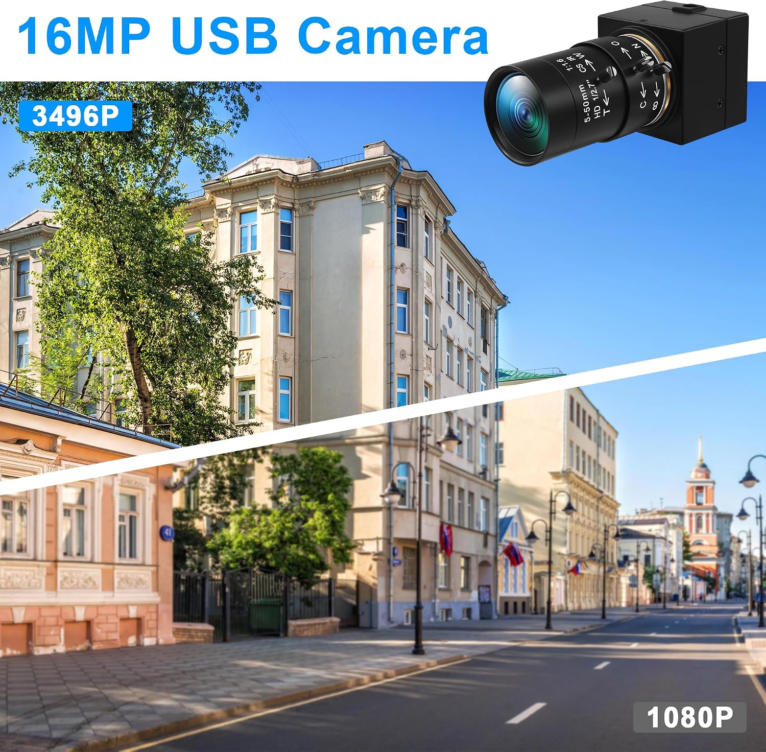 16MP USB Camera with 5-50mm Manual Varifocal Lens for Lightburn