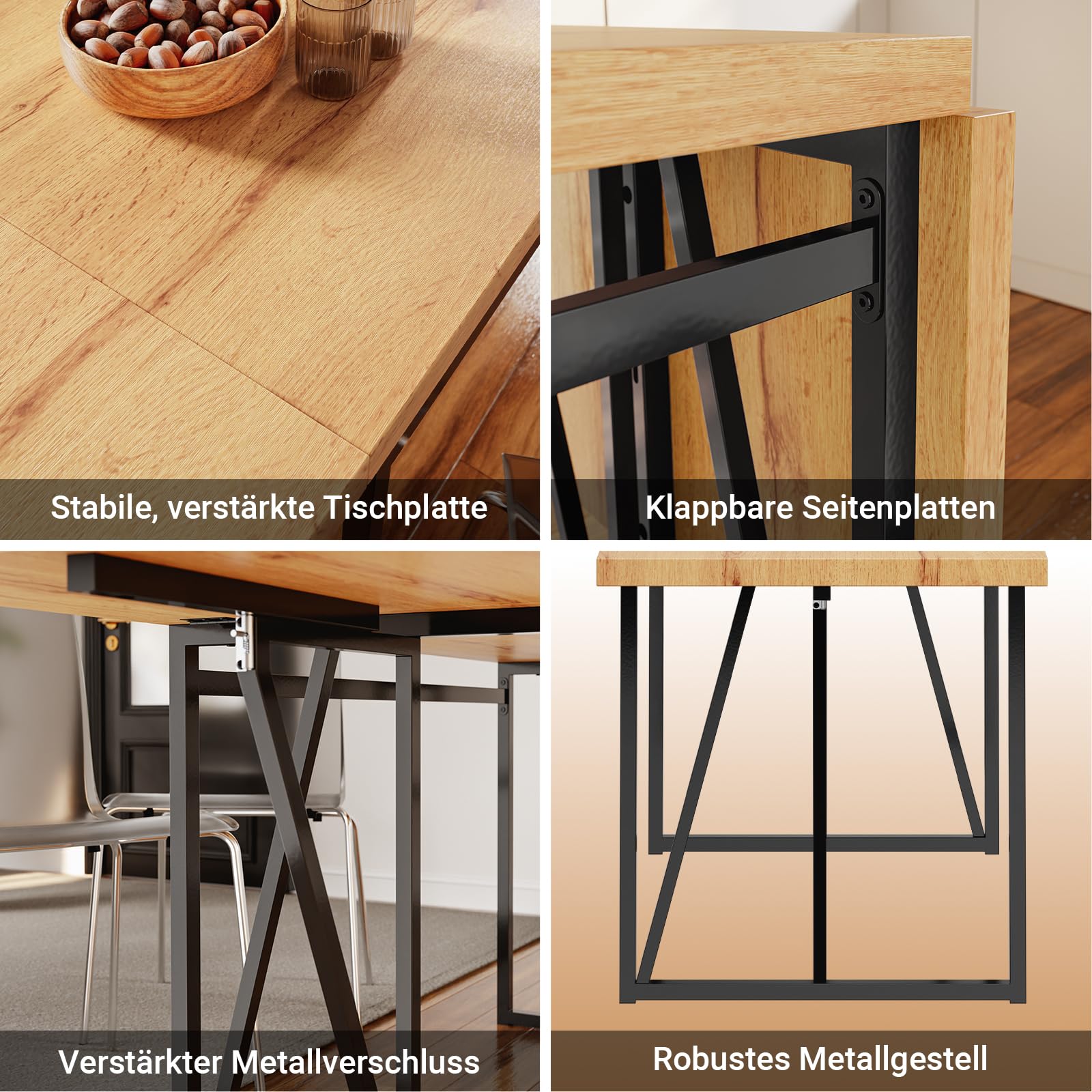 SoBuy Esstisch klappbar für 2-8 Personen, platzsparend, 65x(110-200) x76cm | Küchentisch ausziehbar, stabile Tischplatte in Holzoptik & Metallgestell, für Küche, Esszimmer & Arbeitsbereich, FWT113-N