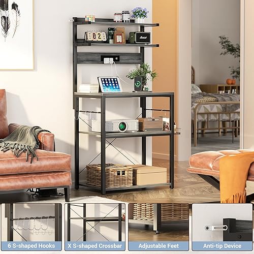 Miniatura 4 de Aheaplus Estante para panaderos con toma de corriente, soporte para microondas, estación de barra de café de 5 niveles con luces LED, estante de