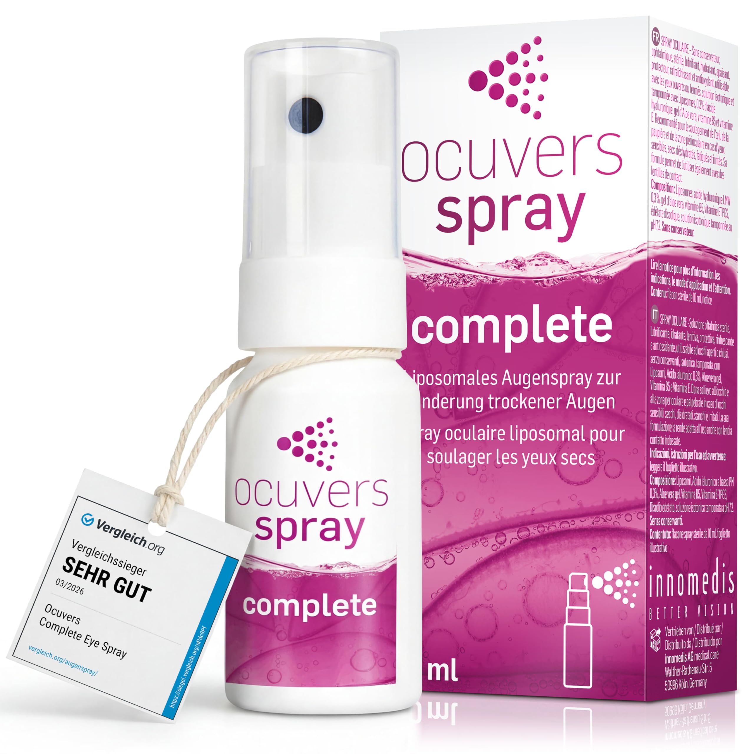 Ocuvers Complete Spray do oczu z 0,3% kwasem hialuronowym, liposomami, aloesem, witaminą B5 i witaminą E - spray do oczu przeciw suchości oczu, 10 ml.