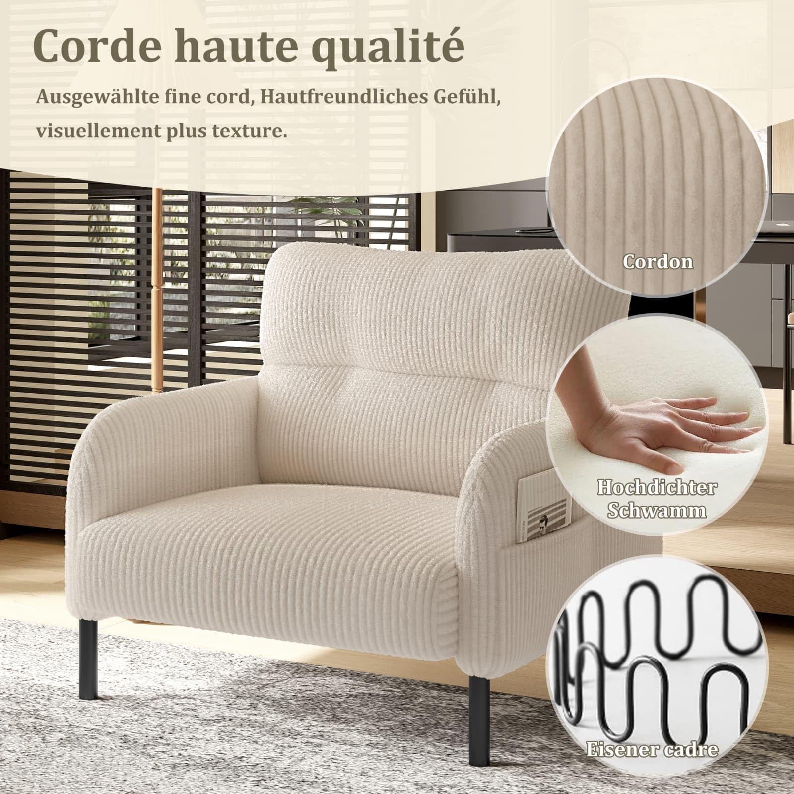 KOMHTOM Fauteuil Simple Places en Velours Côtelé avec Dossier Haut Confortable, 4 Poches et Pieds en Métal - Canapé d'angle Moderne pour Salon, Chambre à Coucher et Bureau (Beige - 1 Place)