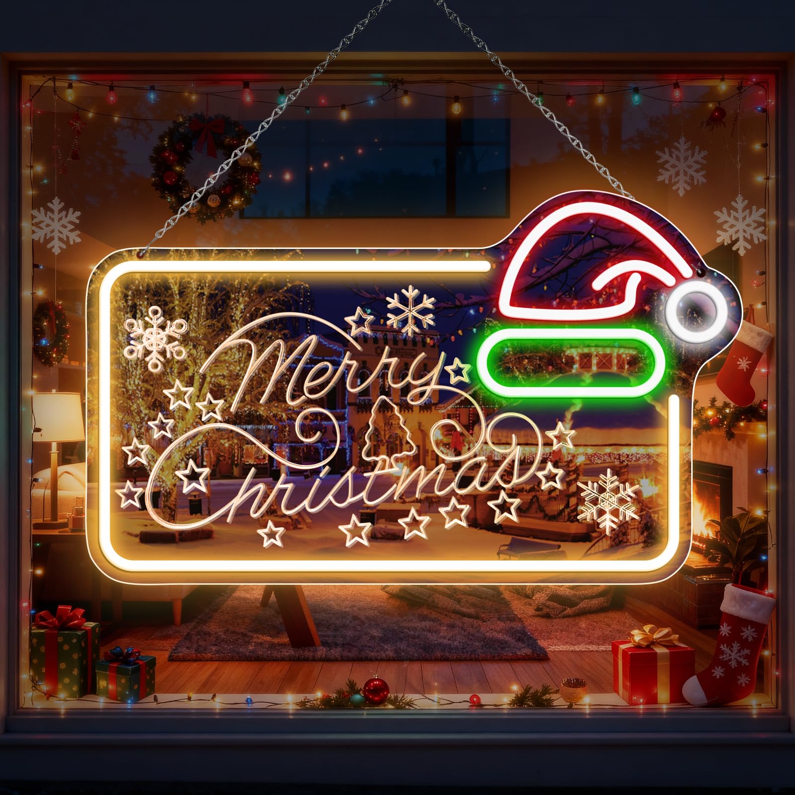 Letrero LED de neón con espejo de 16.5 x 10 pulgadas, decoración de pared con luz LED regulable con sombrero de Papá Noel, decoración de pared alimentada por USB para el hogar, habitación de los niños