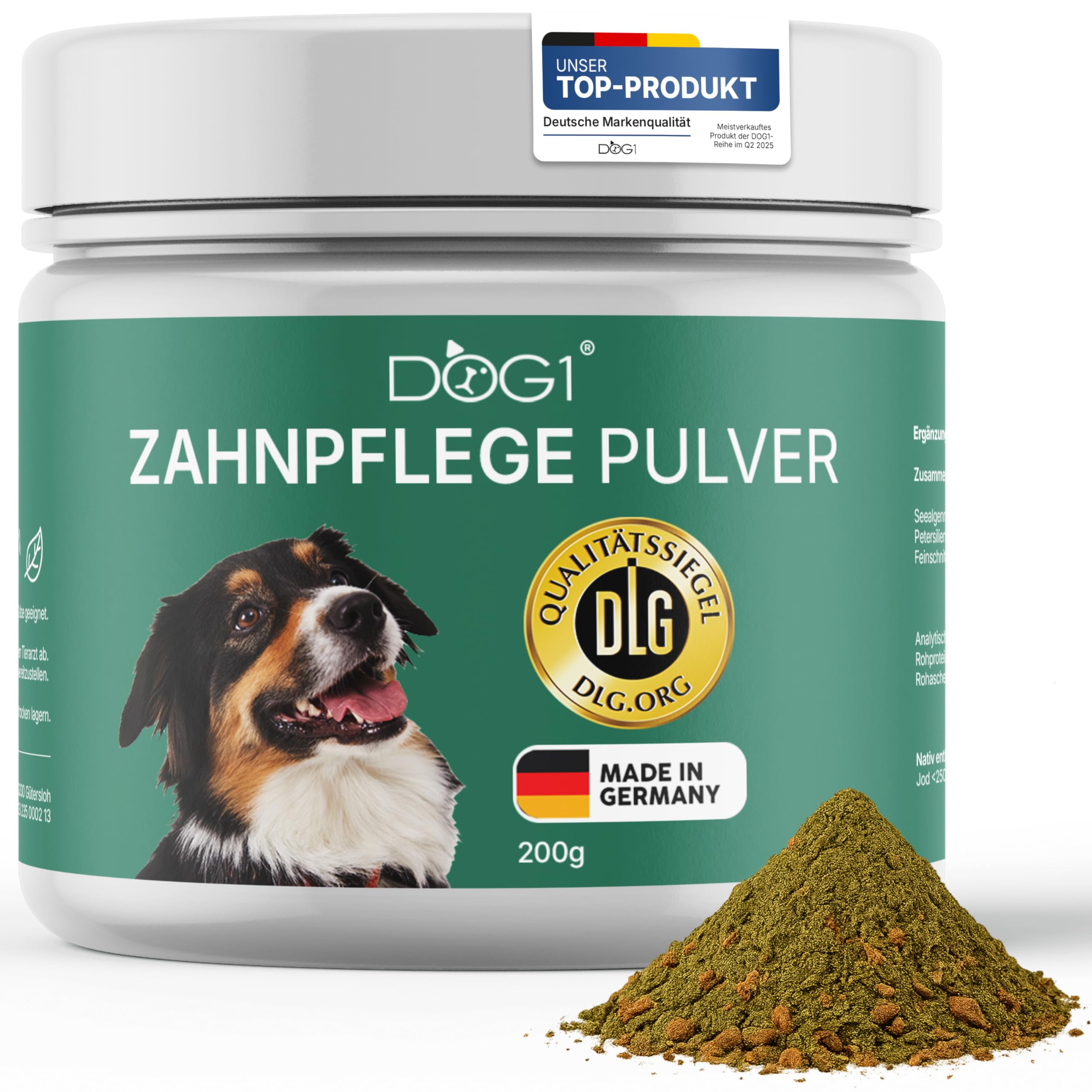 dog1® Zahnpflege Pulver für Hunde – Made IN Germany - Natürliches Mittel gegen Mundgeruch & Zahnstein - Zahnpflege Hund - Zahnputzflocken mit Zahnsteinentferner – Von Tierärzten entwickelt - 200 g