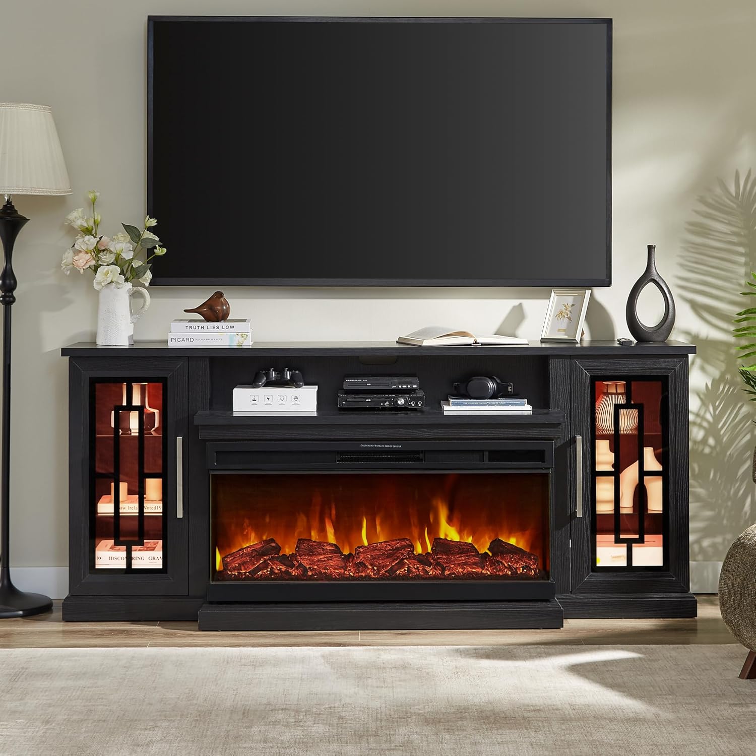 Unineo 75 Inch Electric Fireplace TV Stand in black, showcasing the 3-side glass fireplace and side storage cabinets.