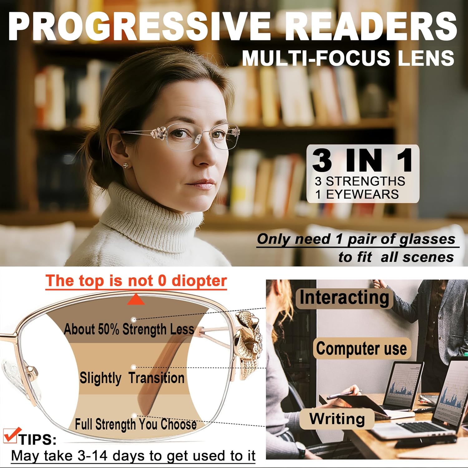 touk Photochromic Progressive Multifocal Reading Glasses for Women, Stylish Half Rim Metal Frame Anti Blue Light Sun Readers - Image 2