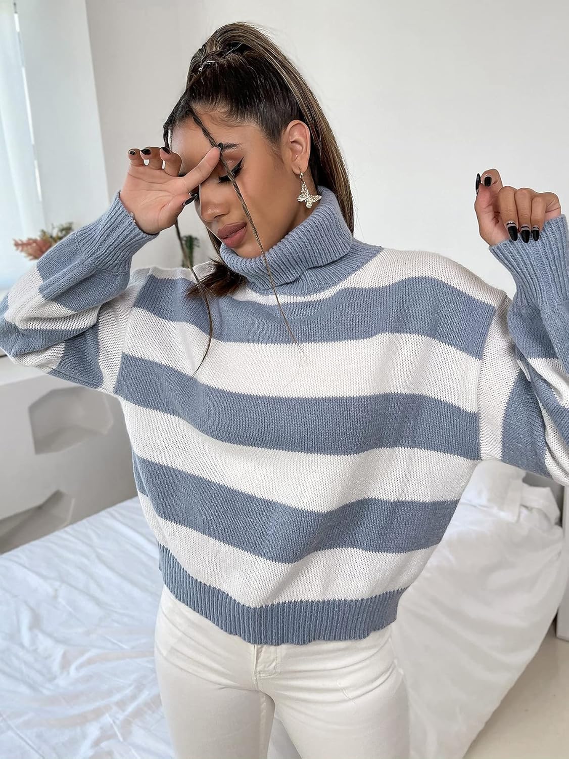 Women's Sweater Turtle Neck Striped Sweater Sweater for Women (Color : Blue and White, Size : Small)