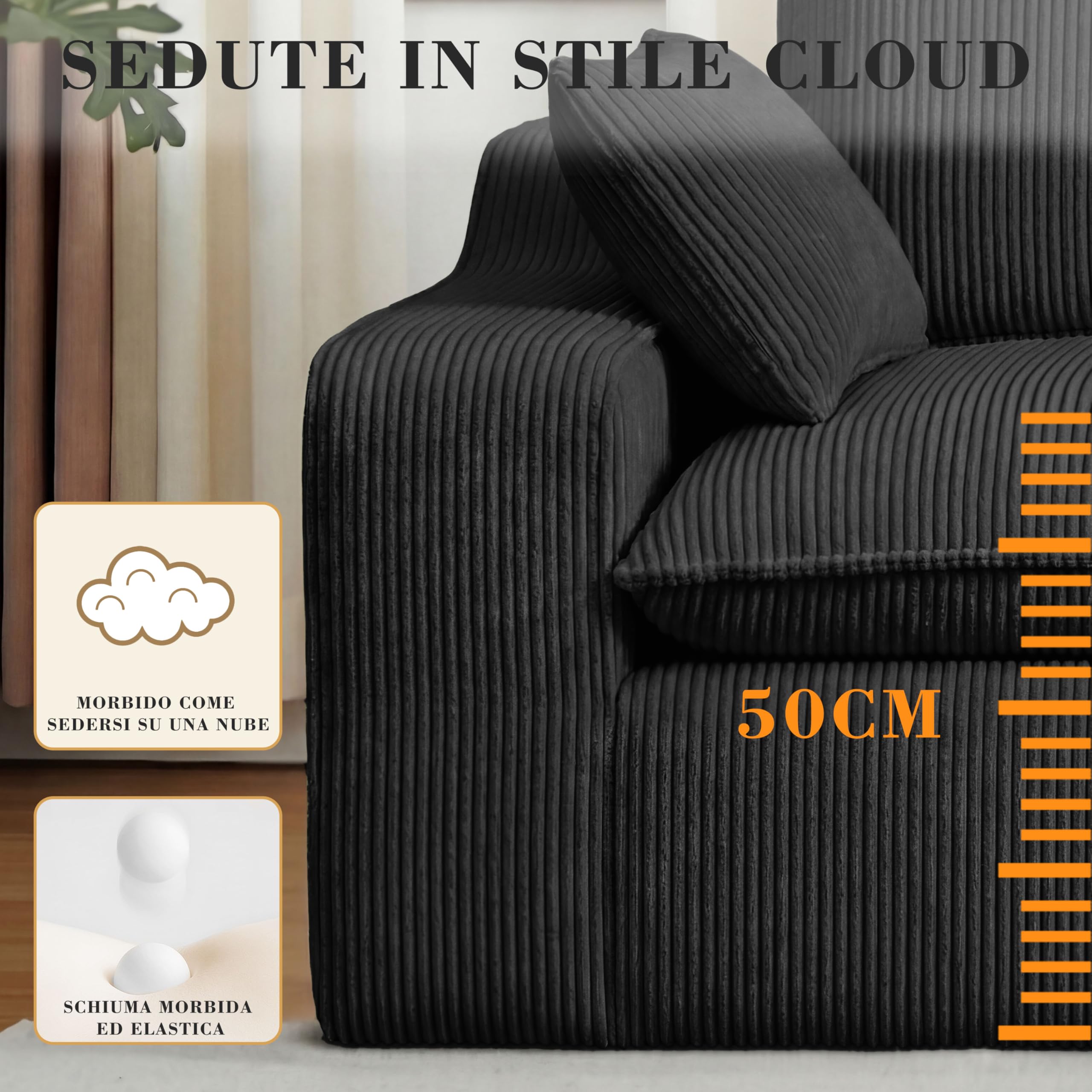 Vipbear Divano 4 Posti con 1 Pouf, Divano Cloud in Tessuto di Velluto a Coste con Seduta Profonda Imbottita, Seduta Extra Profonda e Morbida, Modulare Divano a L per il Soggiorno, Nero