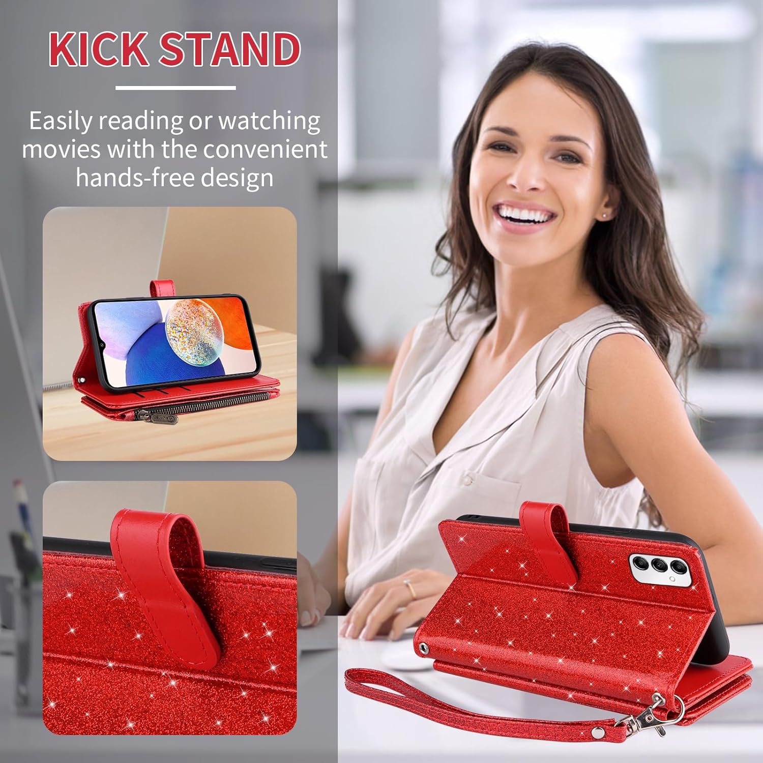 Asuwish Phone Case for Samsung Galaxy A14/M14 5G Wallet Accessories PU Cell Cover with Tempered Glass Screen Protector Strap Bling Glitter Zipper Flip Credit Card Holder A 14 4G 14A 14M G5 Women Red