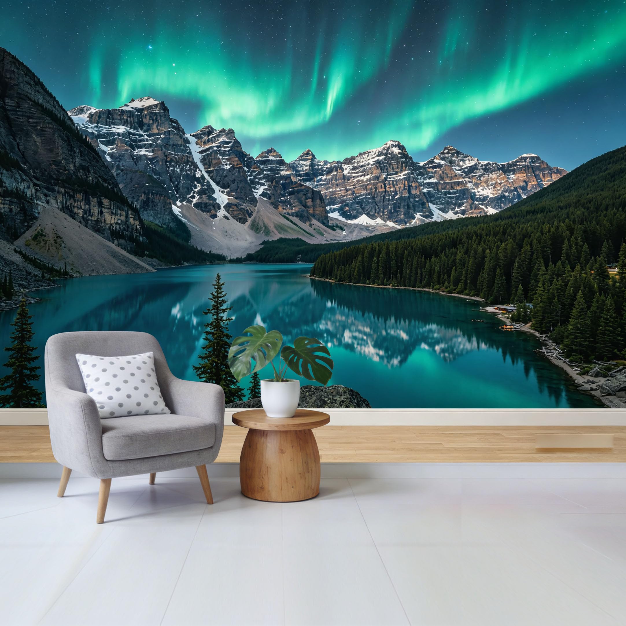 Qzlithotic Yq2605250202 Custom Size Wall Mural Aurora Borealis Night Sky Over Mountain Lake Landscape Selfadhesive Wall Fabric Removable Wallpaper For Home Office Decor