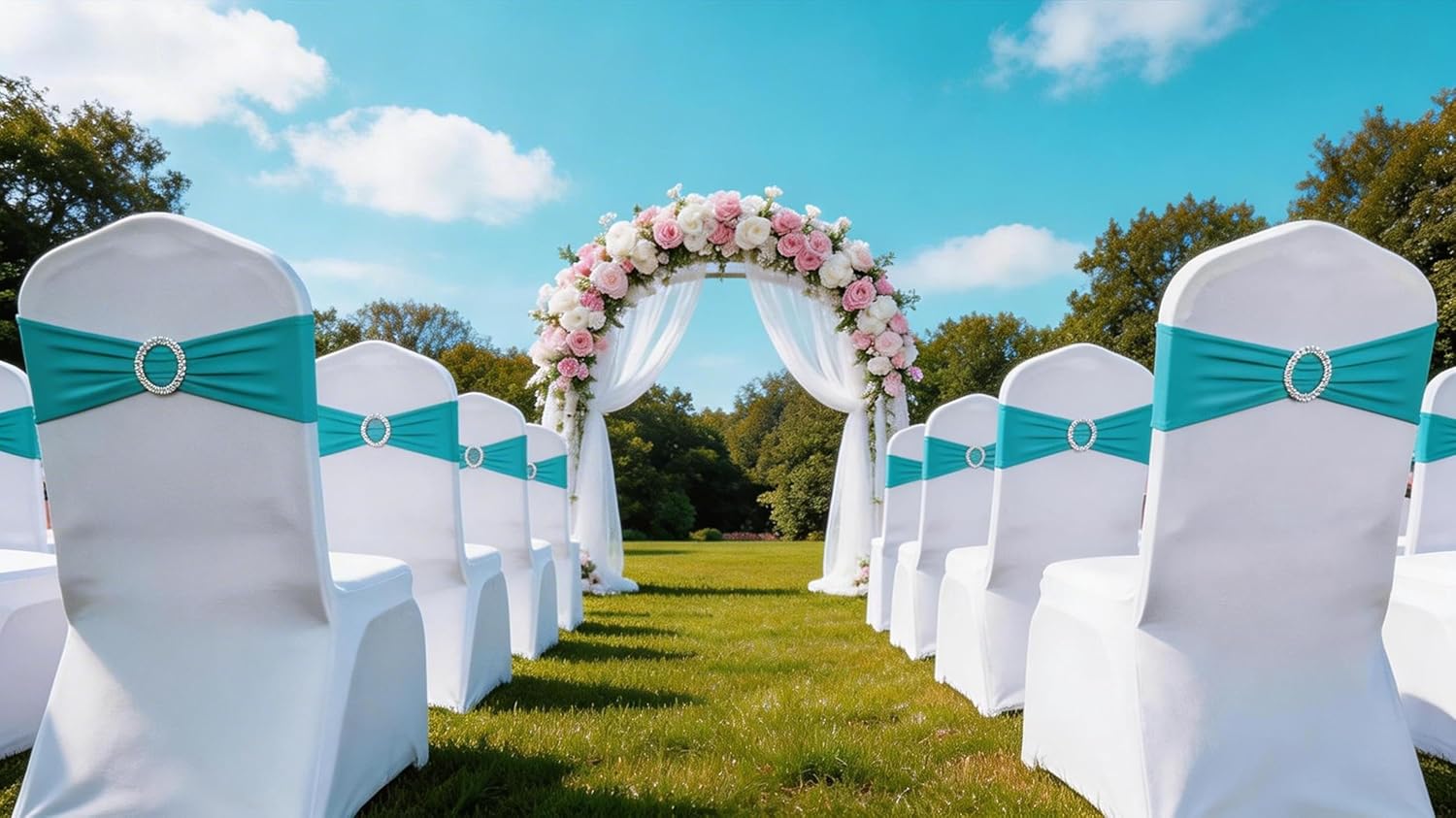 Pack of 50 Spandex Turquoise Chair Sashes for Wedding Teal Chair Bows Sashes Chairs Bands Buckles Fitting Birthday Party Anniversary Events Ceremony Bridal Baby Shower Decorations