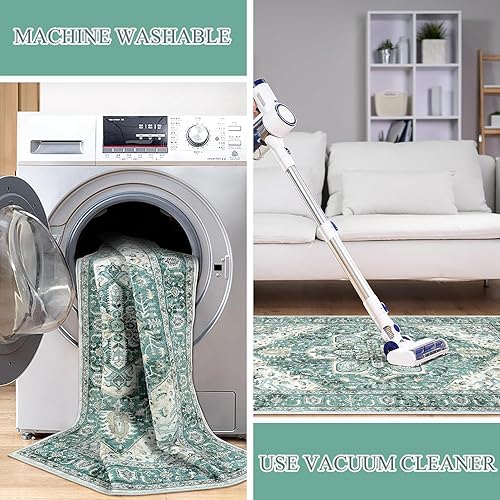 Miniatura 5 de Anidaroel Alfombra oriental lavable  Alfombra de entrada de 3 x 5 pies, alfombra verde para dormitorio, antideslizante, de pelo bajo, alfombra de