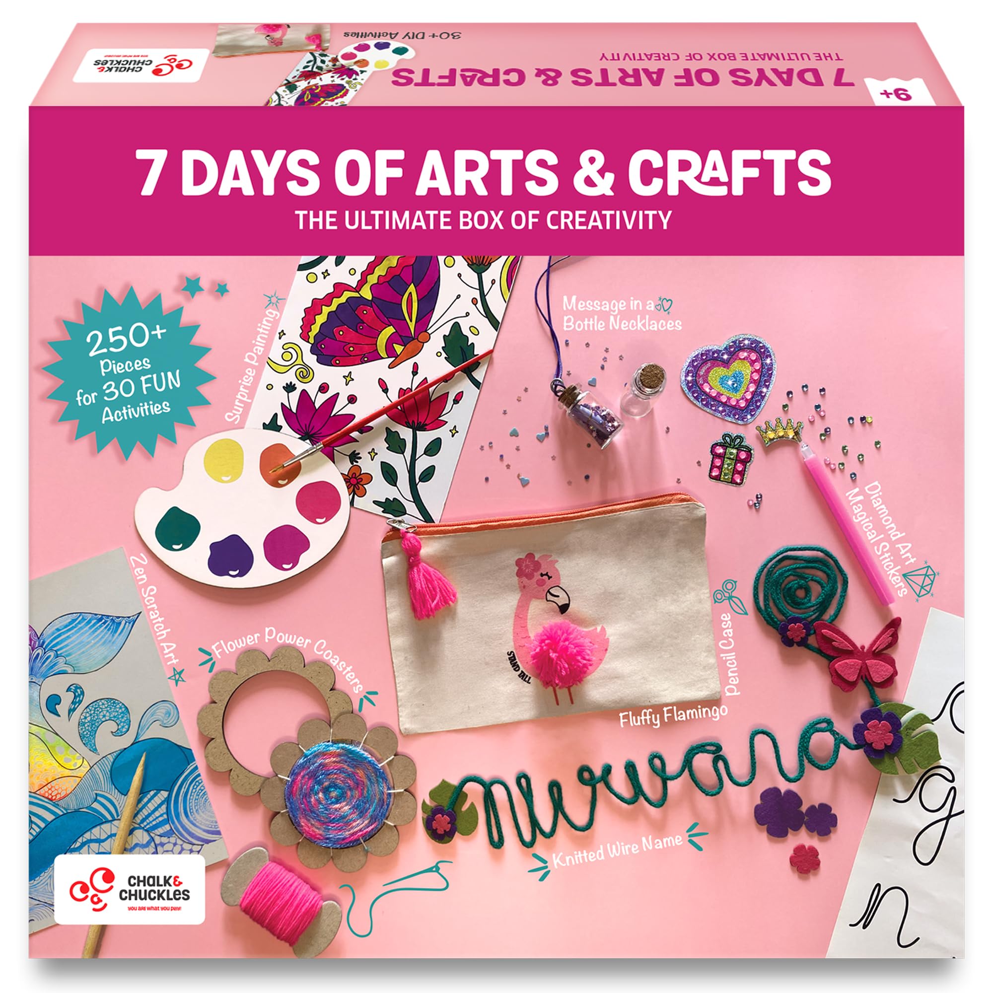 Chalk & Chuckles 7 Days of Art & Craft Kit for Kids Age 9+, 30 DIY Creative Activities-Diamond Art Stickers, Painting, Scratch Art, Birthday Gifts for Boys & Girls, Teens, 10, 11, 12-15 Years