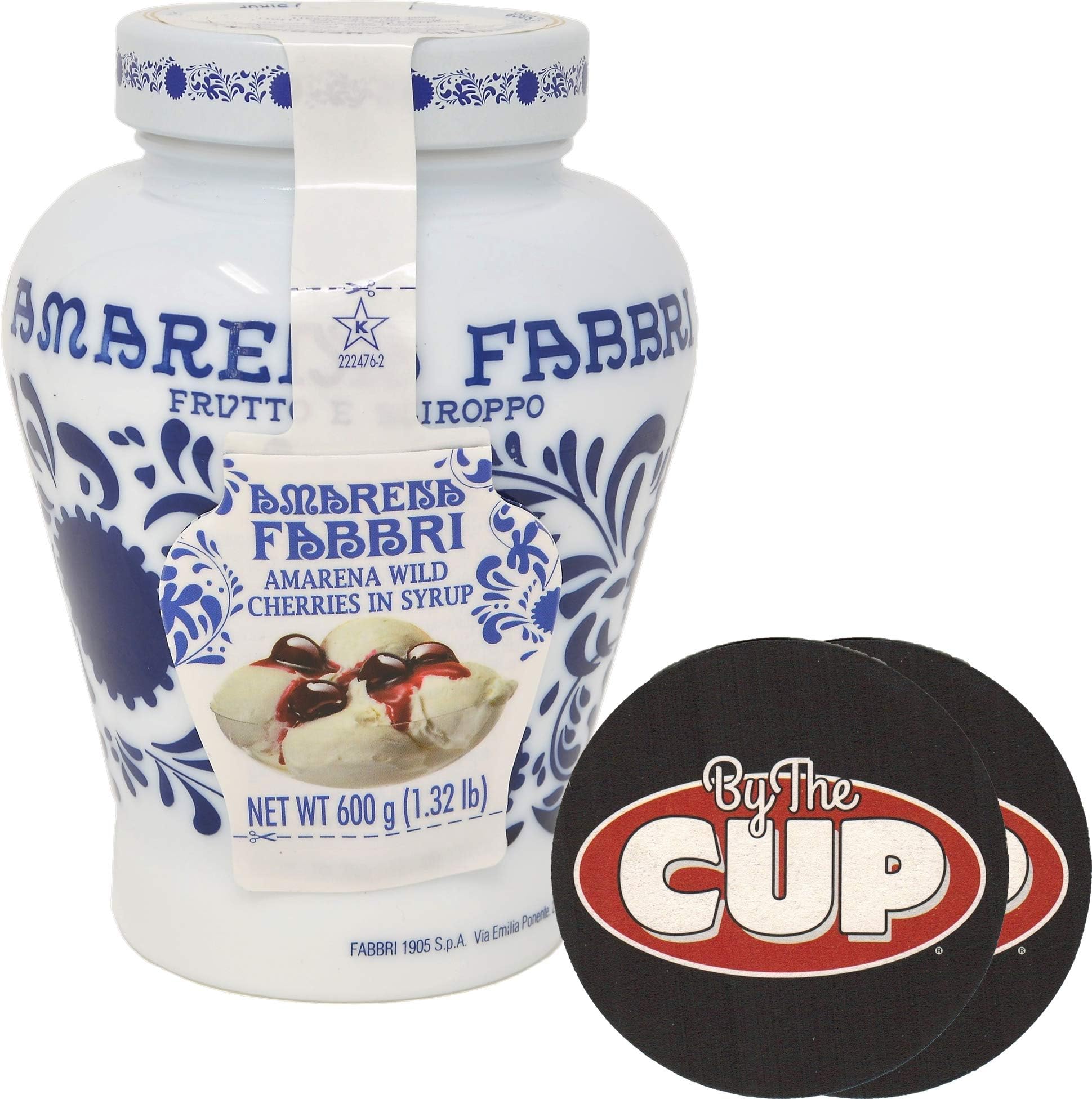 Fabbri Amarena Wild Cherries In Syrup 21 Ounce Opaline Jar with By The Cup Cocktail Coasters