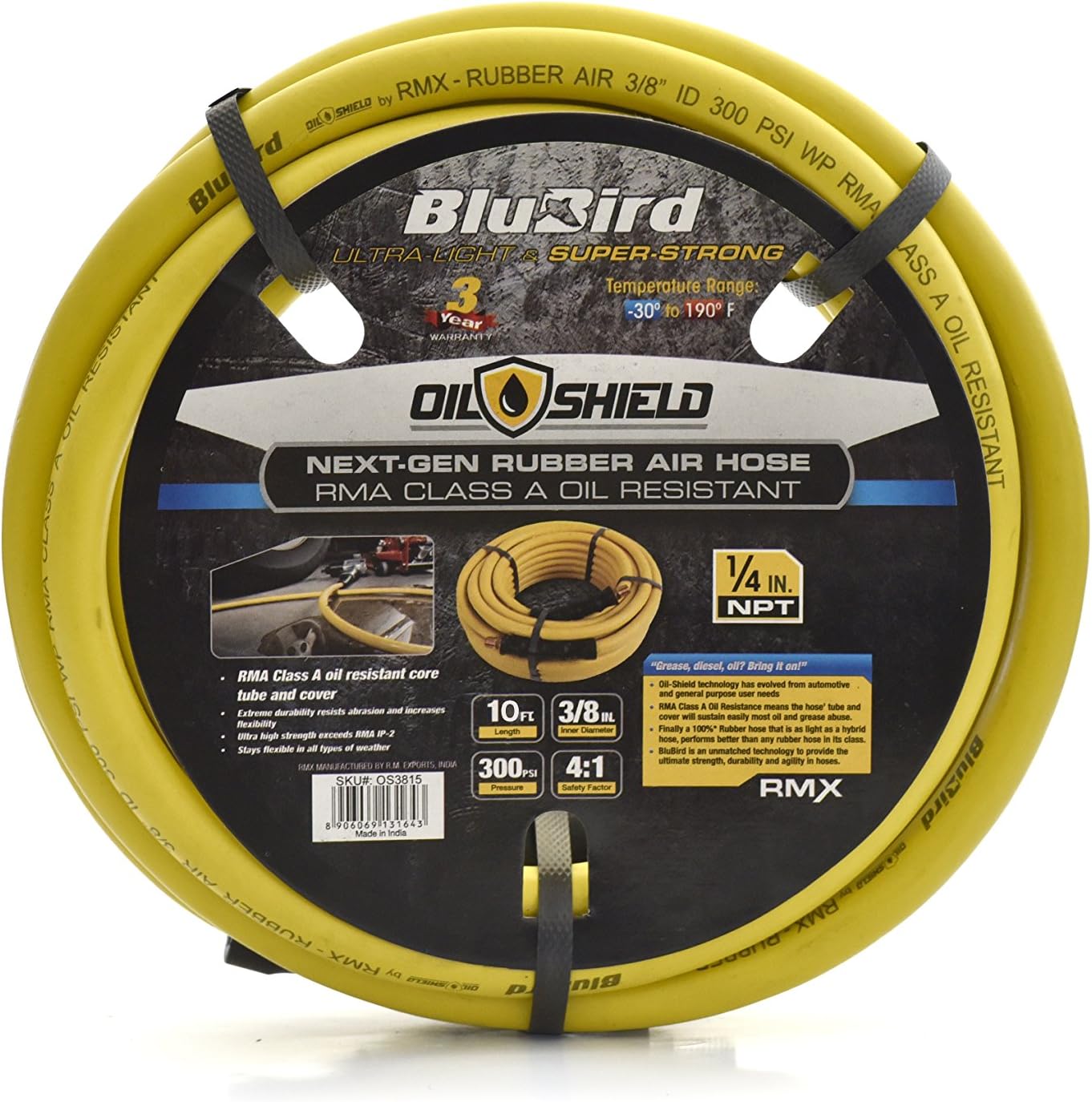 Oil Shield - Lightest, Strongest, Most Flexible Class A Rubber Air Hose (3/8" x 10') - OS3810