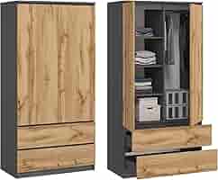 Armadio Guardaroba KUBUTKU - 192x60x35 Cm, Asta Appendiabiti Estraibile, Design Moderno Grafite/rovere - Foto 8