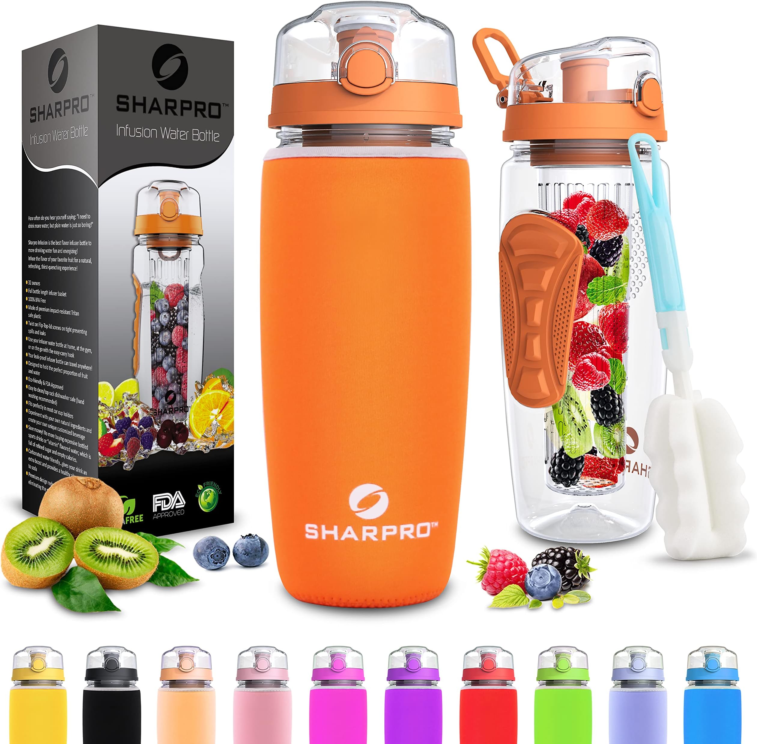 32 oz. Infuser Water Bottles - Featuring a Full Length Infusion Rod, Flip Top Lid, Dual Hand Grips