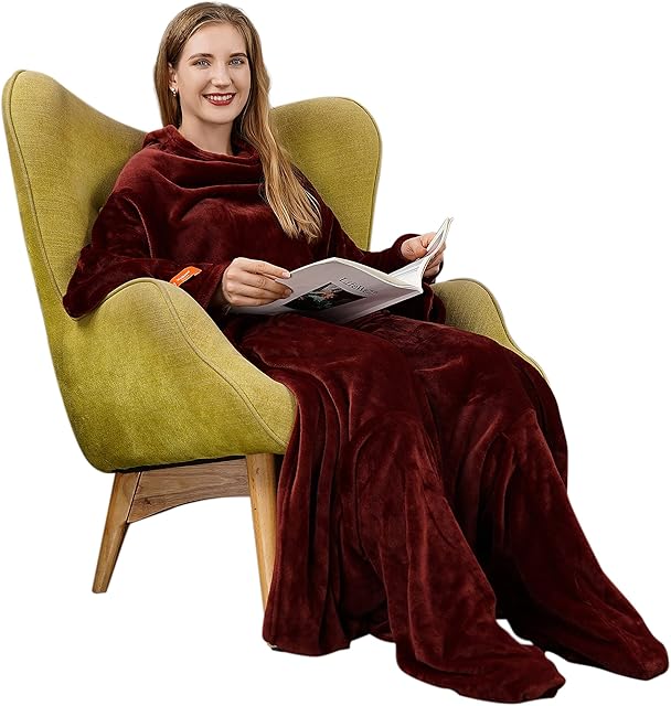 Winthome Wearable Blanket with Sleeves and Foot Pocket, Soft and Warm for Sofa Lovers. with Elastic Cuffs, Hook and Loop Fastener (Wine Red)