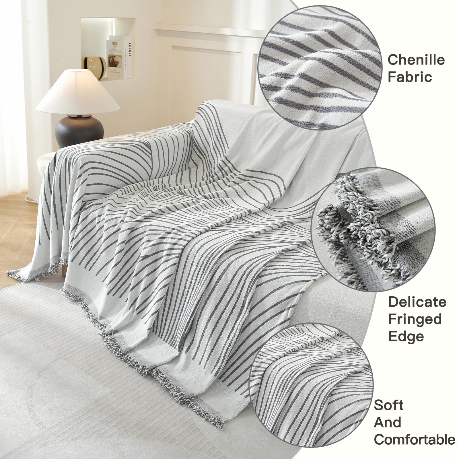 YSTELLAA Housse De Canapé 3 Places, 180×340CM, Protection Sofa, Jete De Canape Grande Taille Épaisses, Housse Universelle Four Seasons, Décoration Intérieure, pour Le Salon, Gris Foncé-Curve