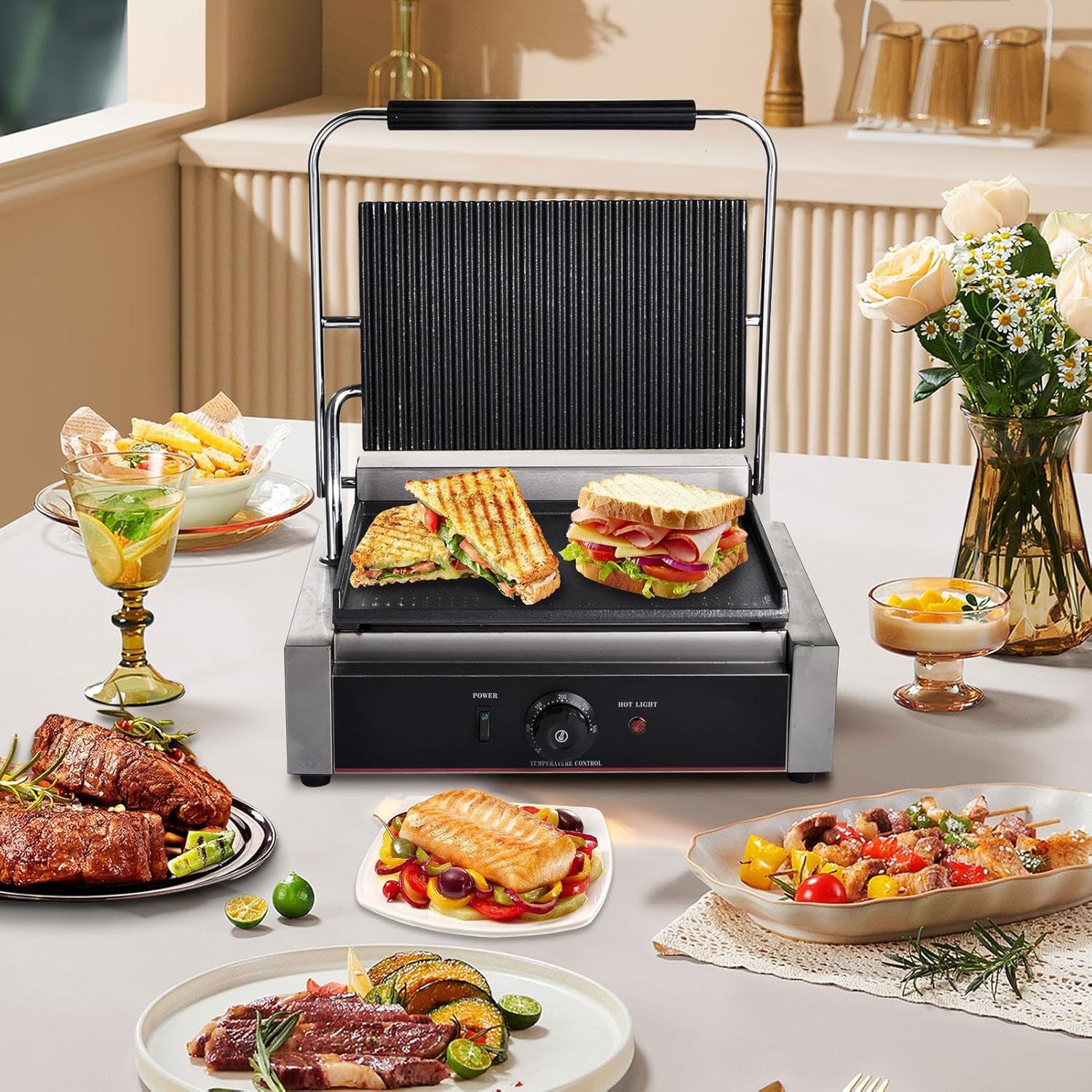 Commercial Panini Press, With Grooved Grill Sandwich Maker Machine Electric Contacts Grill Single, 1200w Electric Sandwich Press Sandwich Toaster Single Grooved Top&smooth Bottom, For Snacks Breakfast