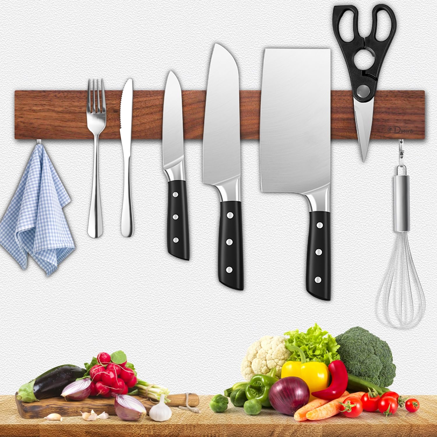 Dmore Lama Magnetica da 40 cm Con 2 Ganci - Supporto in Noce Senza Foratura per Coltelli e Utensili - Include Nastro Adesivo e Viti