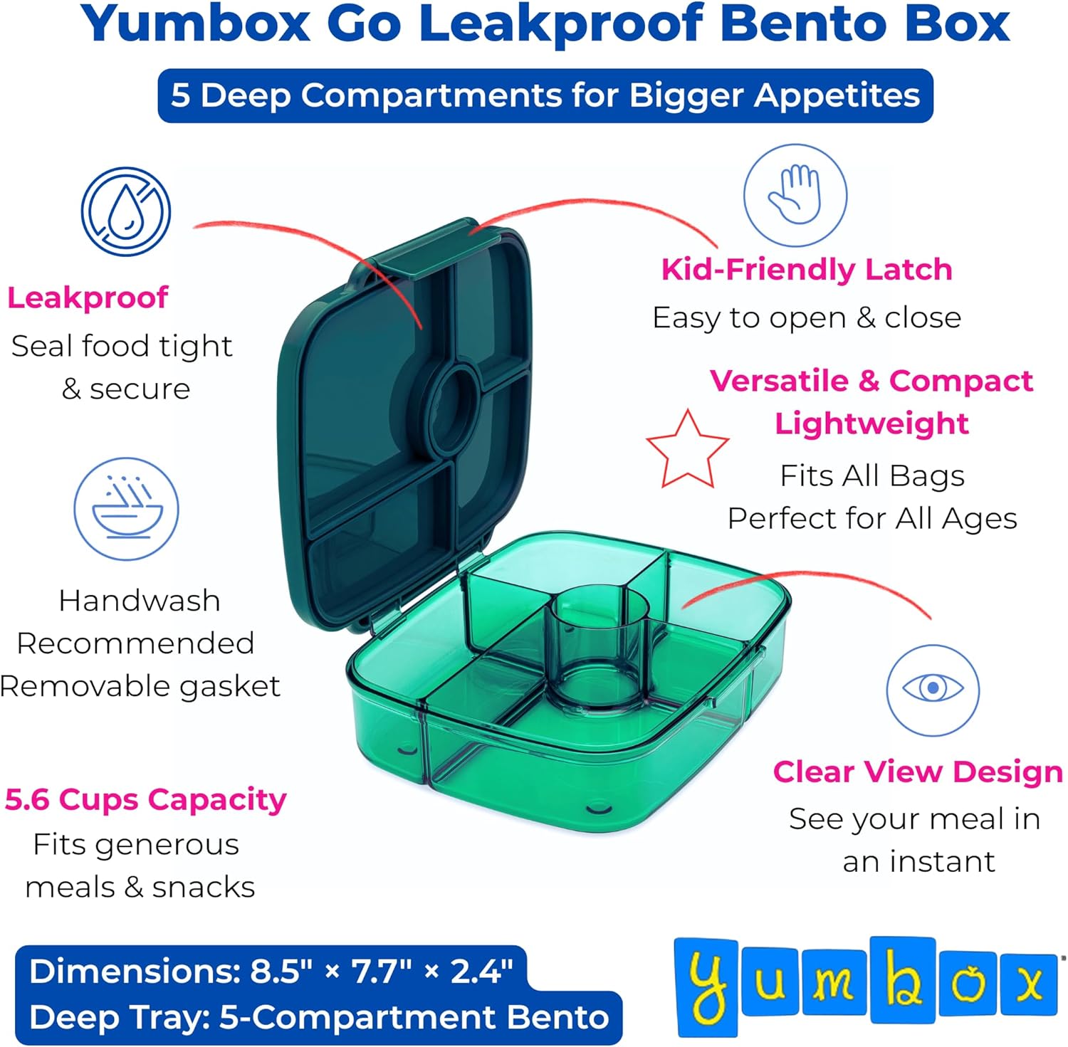 Yumbox Go Bento Lunch Box for Kids and adults, Leakproof Lids, Deep Tray, 5 Compartments, Removable Gasket, Compact, Lightweight, Food Safe (Lima Green)
