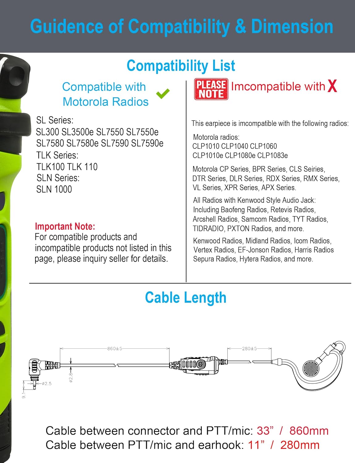 commountain SL300 SL3500e Earpiece with Mic Compatible for Motorola Radios TLK 100 TLK 110 SL7550 SL7550e SL7580 SL7580e SL7590 SL7590e SLN 1000, TLK100 TLK110 SL Series, G Earhook Headset-5 Pack