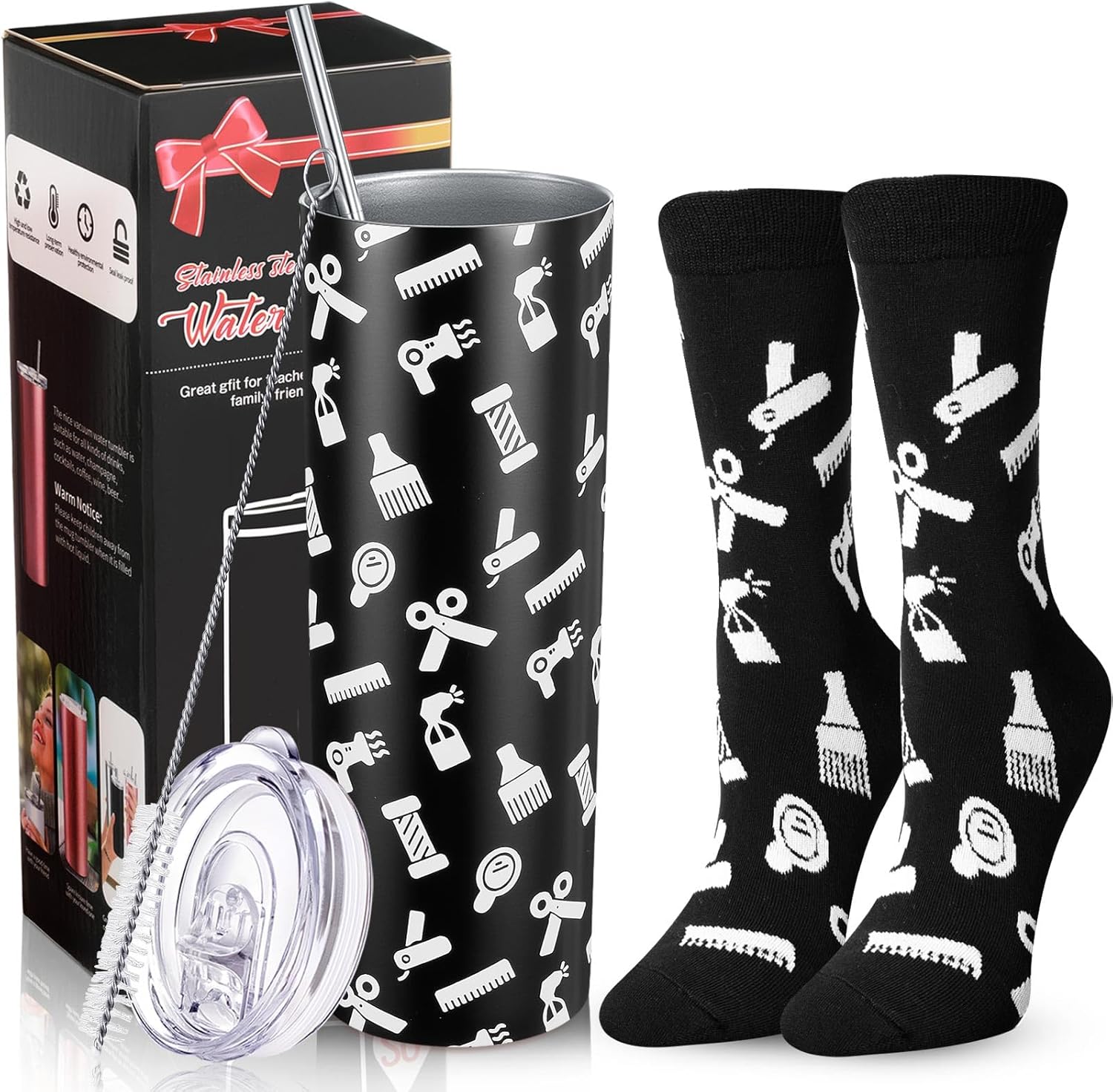 Umigy 2 Pcs Hairdresser Barber Graduation Gifts for Men Women Hair Stylist Tumbler and Novelty Socks 20 oz Stainless Steel Tumbler with Lids and Straw for Hairdresser Cosmetology Female Gifts Ideal