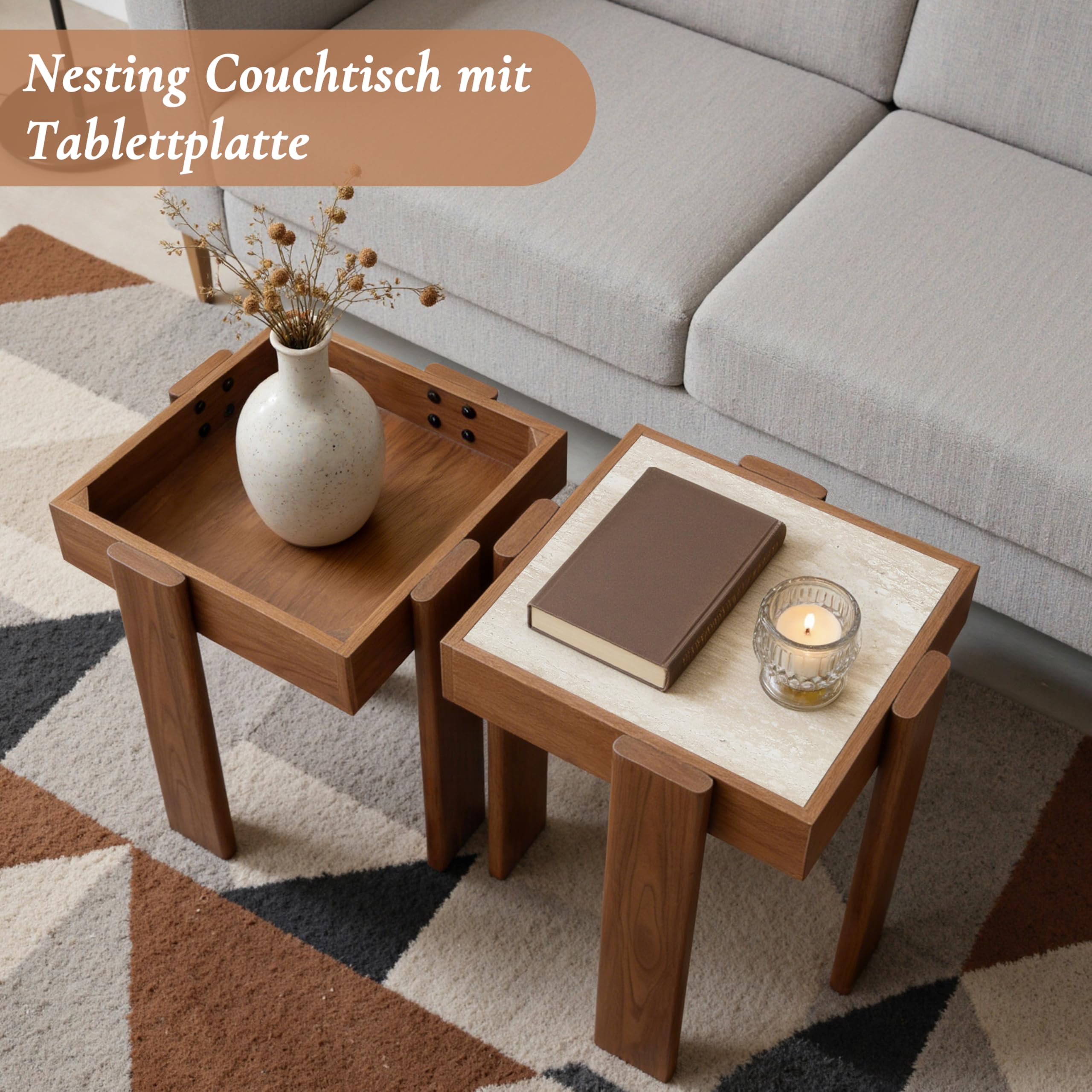 Hometopia 2er Set Beistelltische Quadratisch - Moderner Satztisch in Walnuss-Optik mit Stein-Dekor - Platzsparender Couchtisch & Nachttisch für Wohnzimmer & Schlafzimmer - Nesting Design