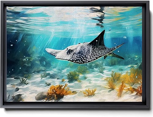 Nautical Print on Canvas for Wall Decor, Ocean Fish Manta Ray Canvas Wall Art, Beach Print for Wall Hang, Turquoise Coastal Pictures Wall Decor,