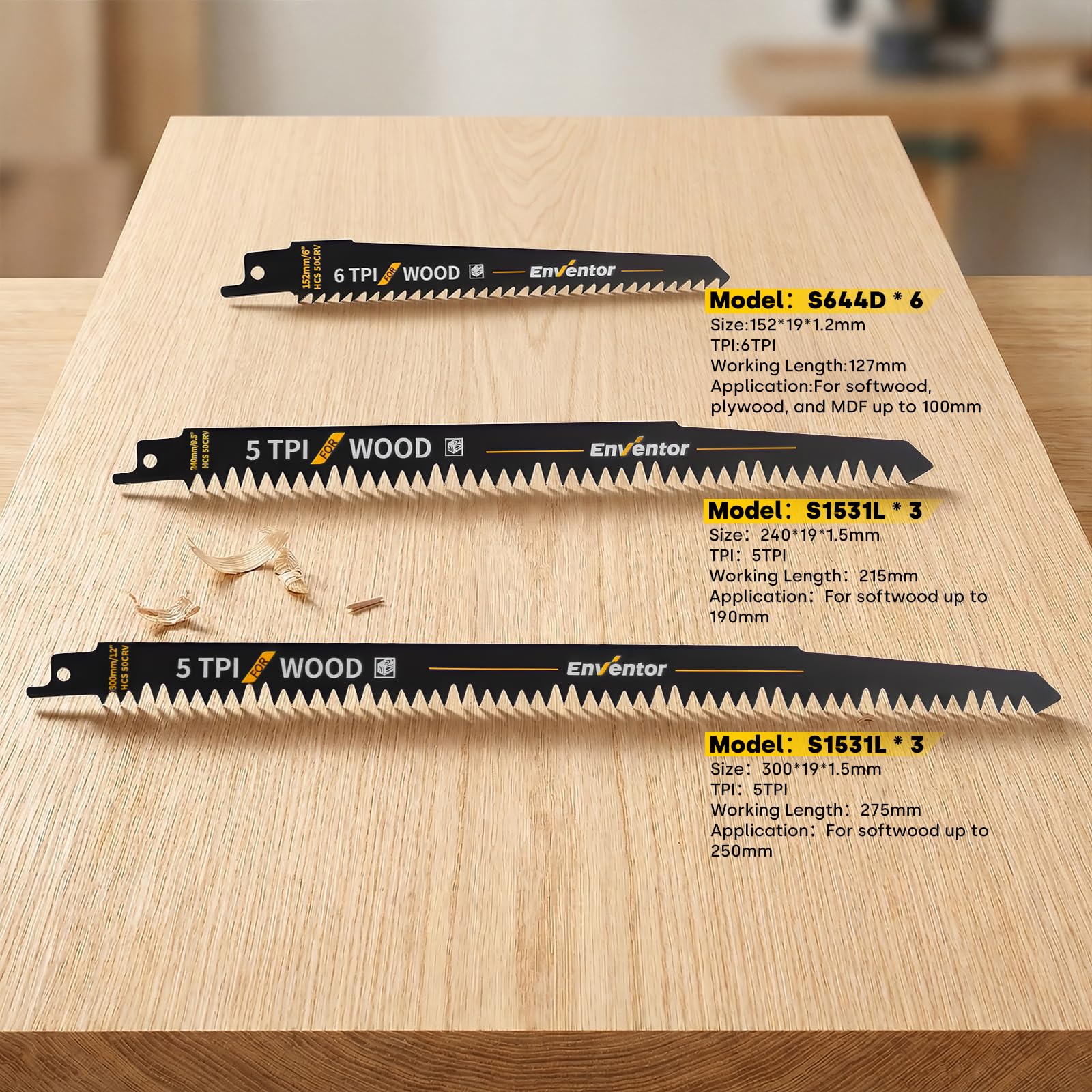 Enventor Set de 12 Piezas para Sierra Sable, 12 Hojas de Corte en Madera 152/240/300 mm 5TPI 6TPI HCS, Juego de Poda, Ramas, Madera Húmeda, Plástico y PVC con Caja