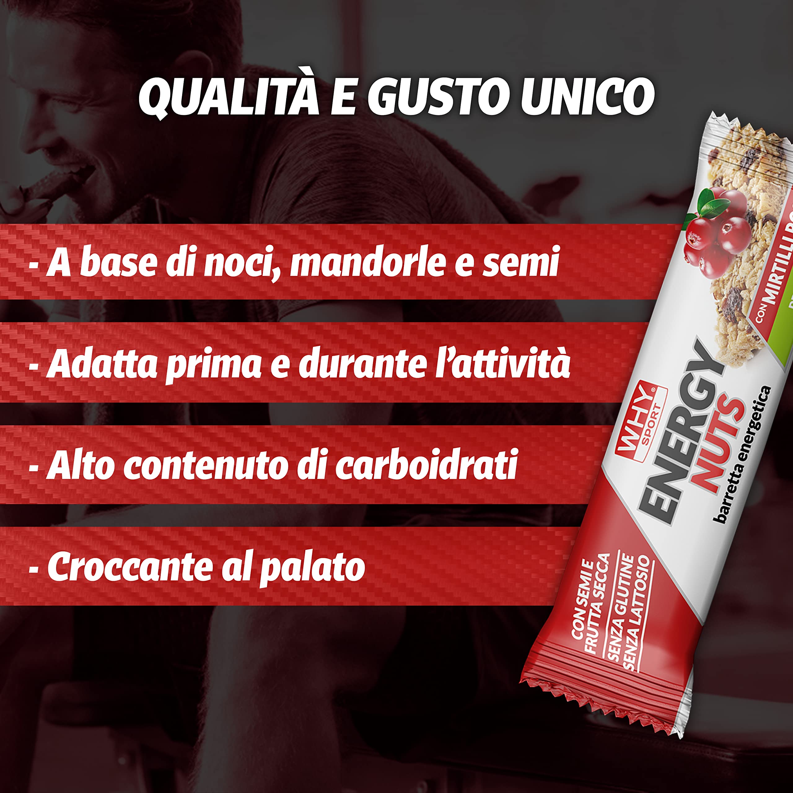 WHY SPORT ENERGY NUTS - Barrette Energetiche ad Alto Contenuto di Fibre - Gusto Mirtilli Rossi - Box da 30 Barrette - 35 gr