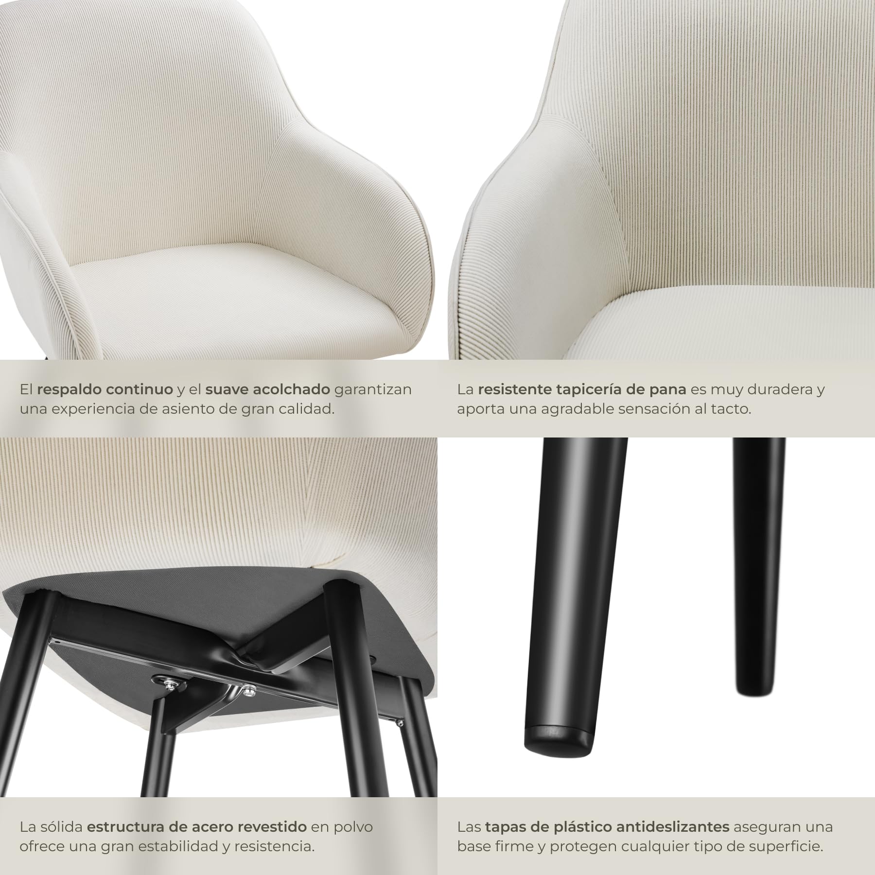 tectake® Sillas de Comedor, Silla Acolchada con Tejido de Pana, Respaldo Continuo, Patas de Acero Robustas, Muebles Comedor, Sillas Comedor Modernas, Silla Comedor Nordica - 1 Silla Crema/Negro