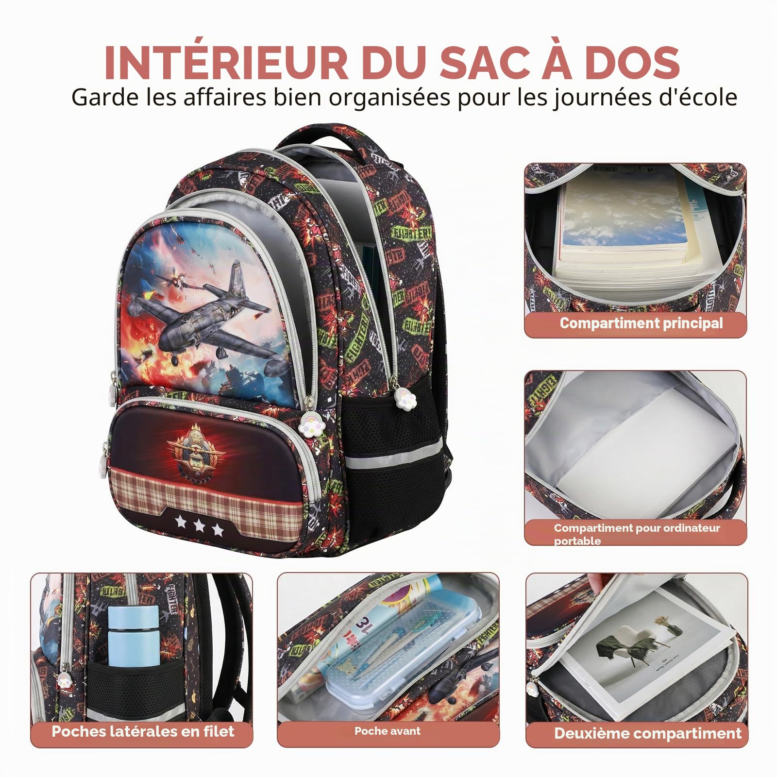 Amythe Cartable École Garçons Classes de 1 à 5 Respirant Voyage, Avion