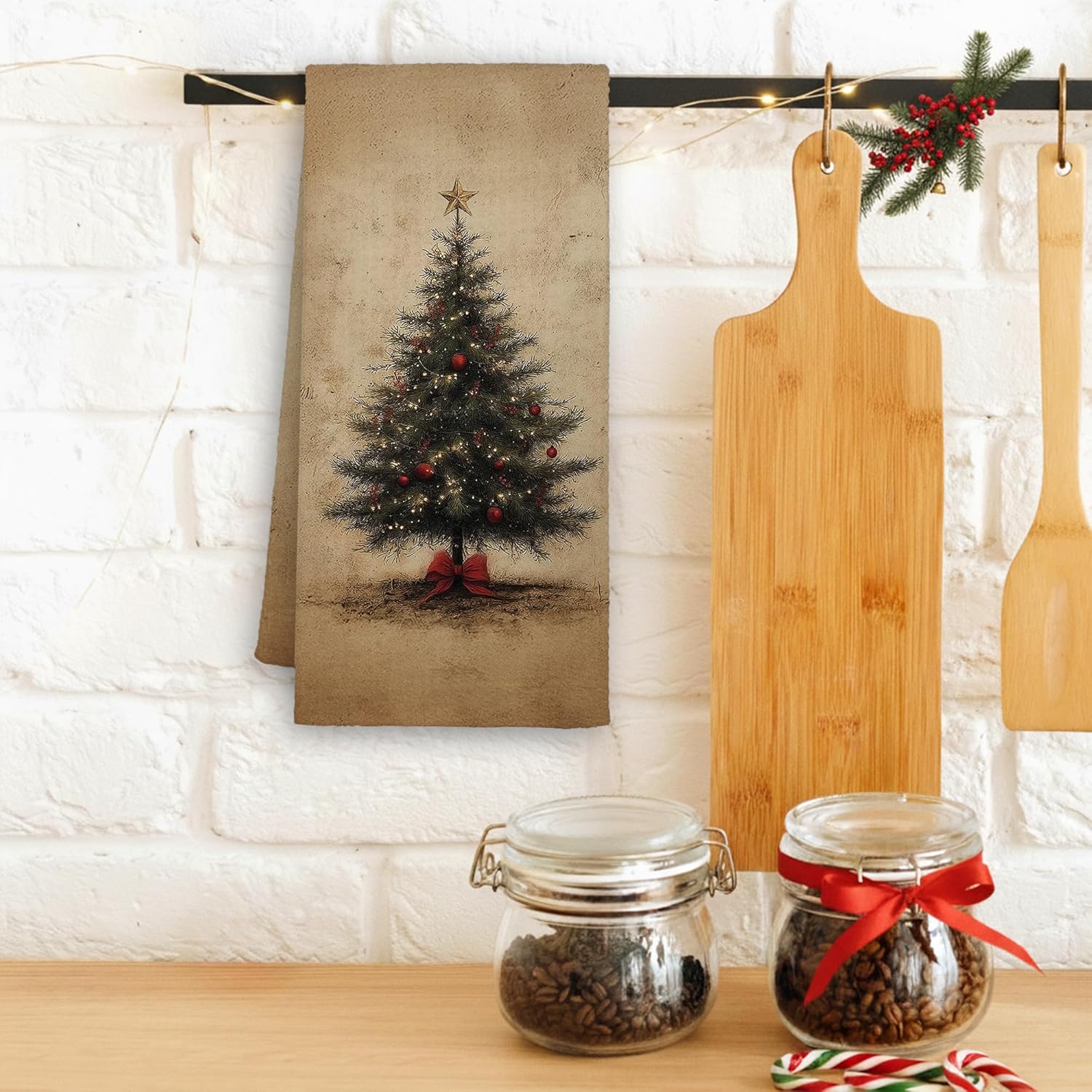 Vintage Christmas Tree Kitchen Towels, Bow Coquette Hand Towels Decor for Girls Bathroom, Winter Dish Towel, Rustic Retro Tea Bar Waffle Towel for Dorm Holiday Home 16x24in - Image 2