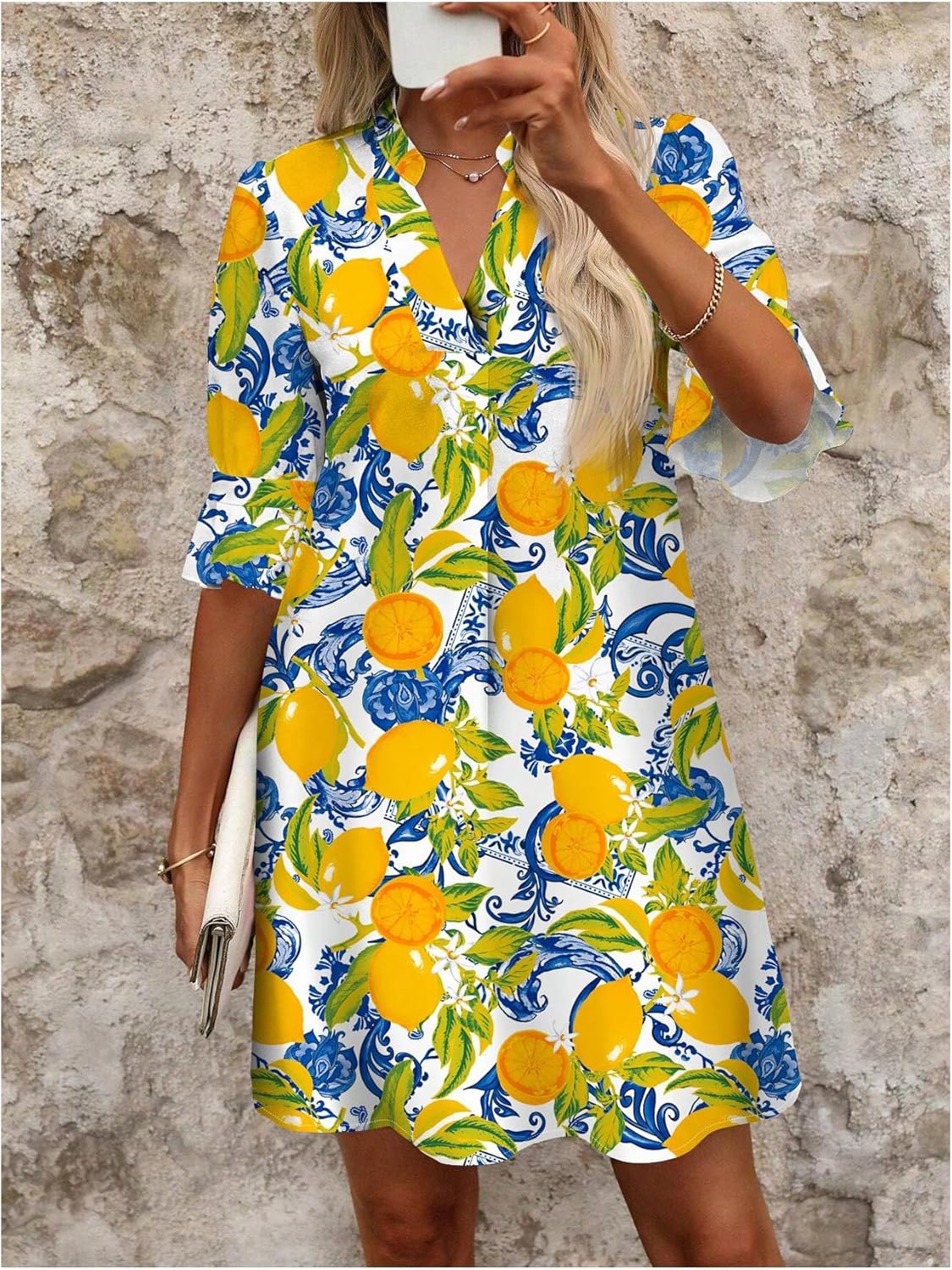 SweatyRocks Women's Lemon Half Sleeve Loose Tunic Dress V Neck Beach Vacation Short Dresses - Image 5
